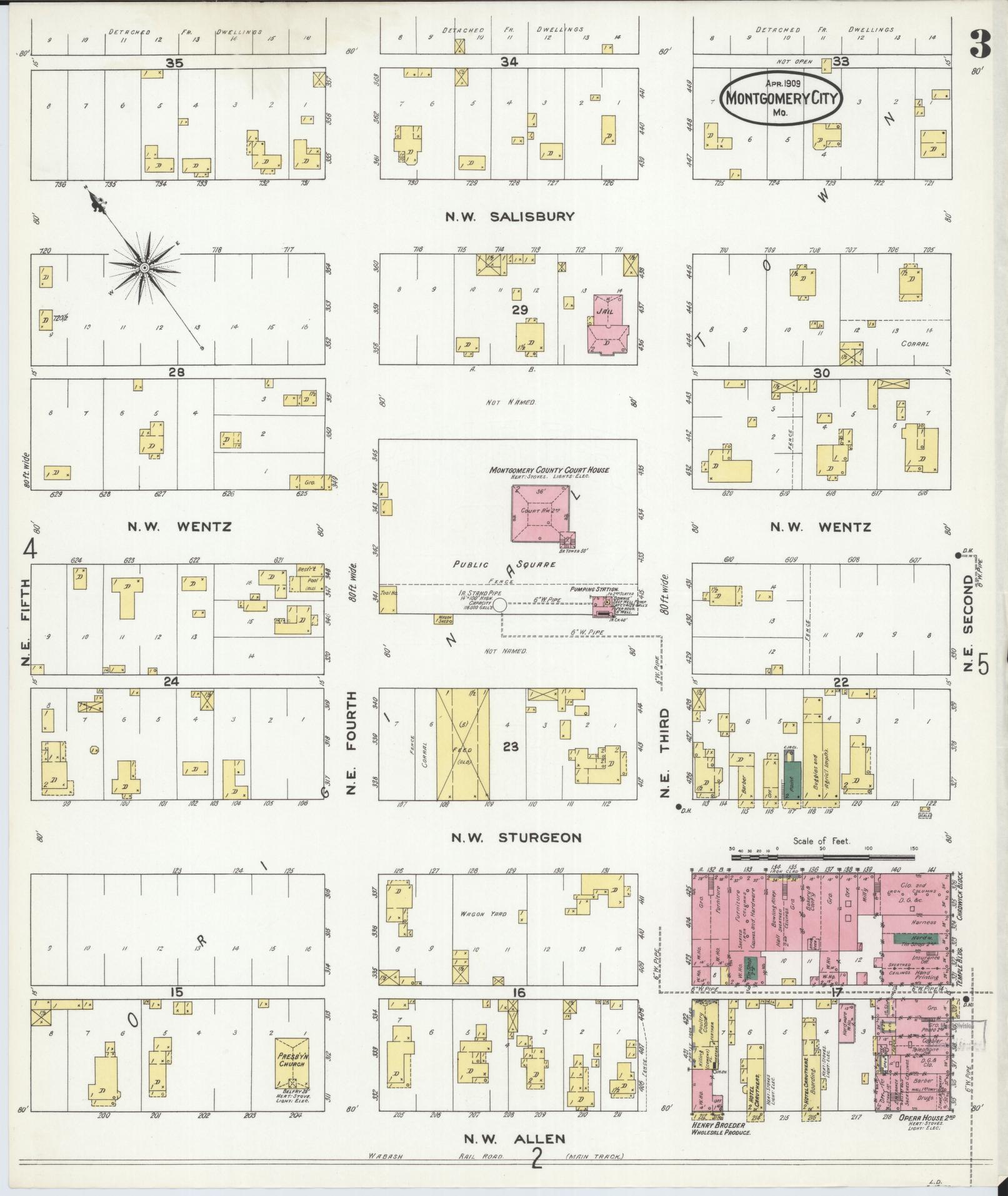Sanborn Fire Insurance Map from Montgomery City, Montgomery County, Missouri (1909), Sheet #0003 - Historic Sanborn Fire Insurance Map Print, vintage old map wall art, antique decor, genealogy gift, Missouri Missouri map