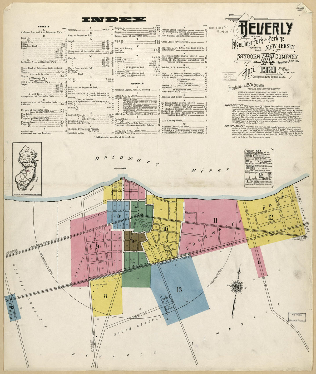Sanborn Fire Insurance Map from Beverly, Burlington County, New Jersey (1921), Sheet #0001 - Historic Sanborn Fire Insurance Map Print, vintage old map wall art, antique decor, genealogy gift, New Jersey New Jersey map