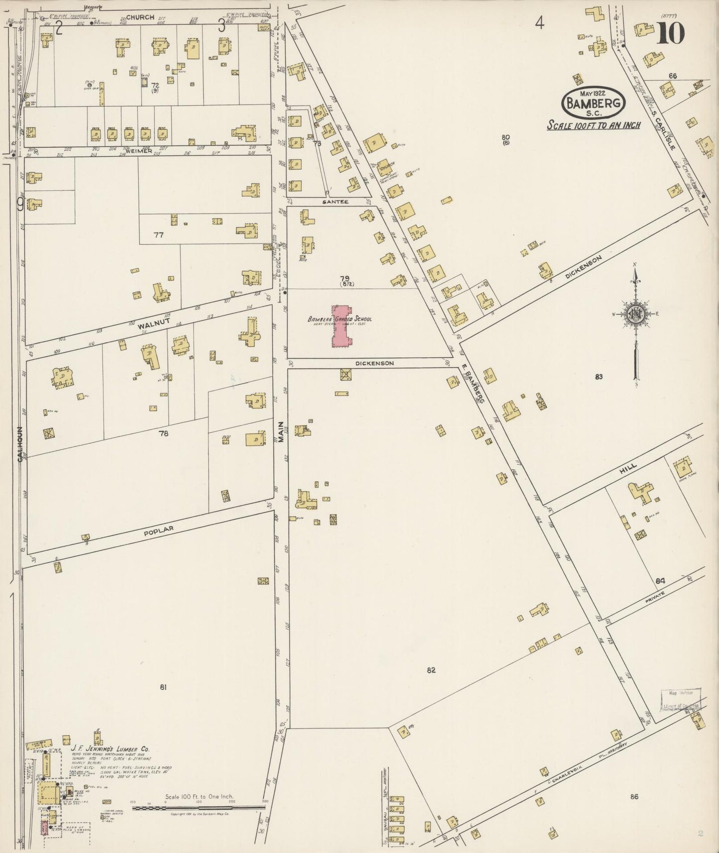 Sanborn Fire Insurance Map from Bamberg, Bamberg County, South Carolina (1922), Sheet #0010 - Complete Map Set gallery image, historic Sanborn map, vintage wall art, South Carolina South Carolina