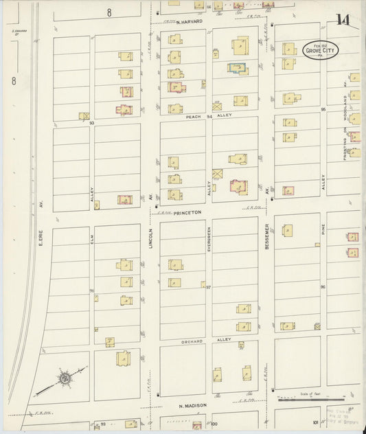 Sanborn Fire Insurance Map from Grove City, Mercer County, Pennsylvania (1912), Sheet #0014 - Historic Sanborn Fire Insurance Map Print, vintage old map wall art, antique decor, genealogy gift, Pennsylvania Pennsylvania map