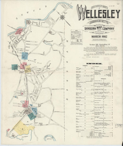 Sanborn Fire Insurance Map from Wellesley, Norfolk County, Massachusetts (1912), Sheet #0001 - Historic Sanborn Fire Insurance Map Print, vintage old map wall art, antique decor, genealogy gift, Massachusetts Massachusetts map