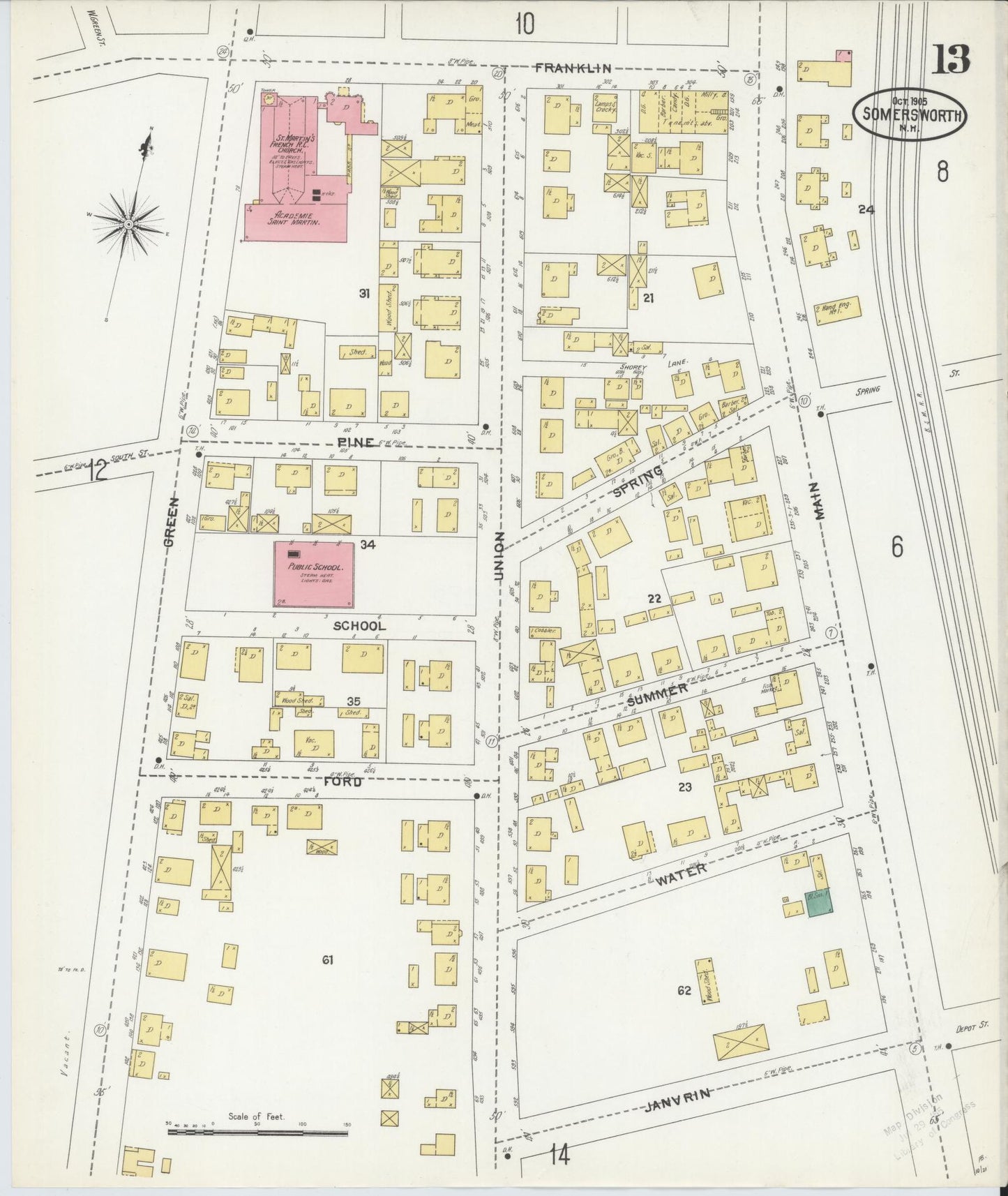 Sanborn Fire Insurance Map from Somersworth, Strafford County, New Hampshire (1905), Sheet #0013 - Complete Map Set gallery image, historic Sanborn map, vintage wall art, Maine Maine