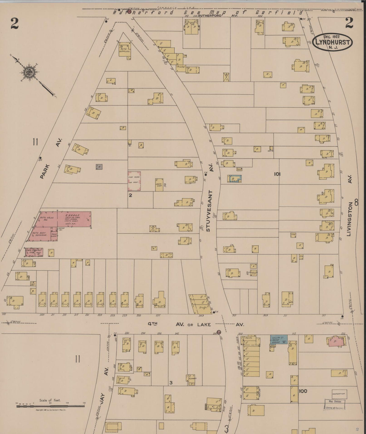 Sanborn Fire Insurance Map from Lyndhurst, Bergen County, New Jersey (1922), Sheet #0002 - Historic Sanborn Fire Insurance Map Print, vintage old map wall art, antique decor, genealogy gift, New Jersey New Jersey map