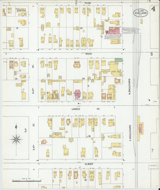 Sanborn Fire Insurance Map from Vineland, Cumberland County, New Jersey (1900), Sheet #0004 - Historic Sanborn Fire Insurance Map Print, vintage old map wall art, antique decor, genealogy gift, New Jersey New Jersey map
