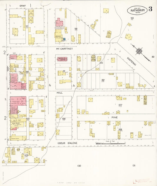 Sanborn Fire Insurance Map from Rathdrum, Kootenai County, Idaho (1912), Sheet #0003 - Historic Sanborn Fire Insurance Map Print, vintage old map wall art, antique decor, genealogy gift, Idaho Idaho map