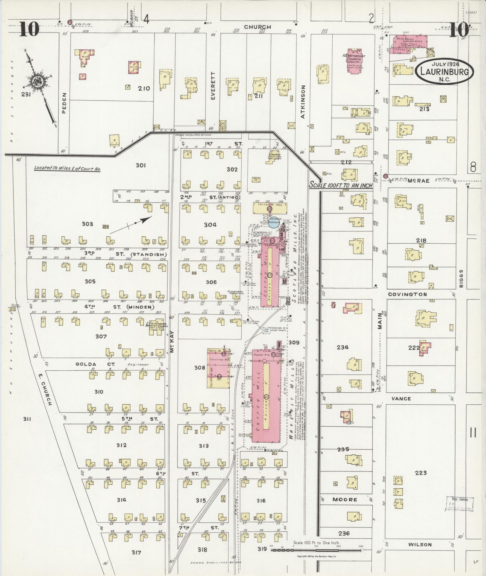 Sanborn Fire Insurance Map from Laurinburg, Scotland County, North Carolina (1924), Sheet #0010 - Complete Map Set gallery image, historic Sanborn map, vintage wall art, North Carolina North Carolina