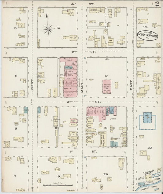 Sanborn Fire Insurance Map from Coudersport, Potter County, Pennsylvania (1886), Sheet #0002 - Historic Sanborn Fire Insurance Map Print, vintage old map wall art, antique decor, genealogy gift, Pennsylvania Pennsylvania map