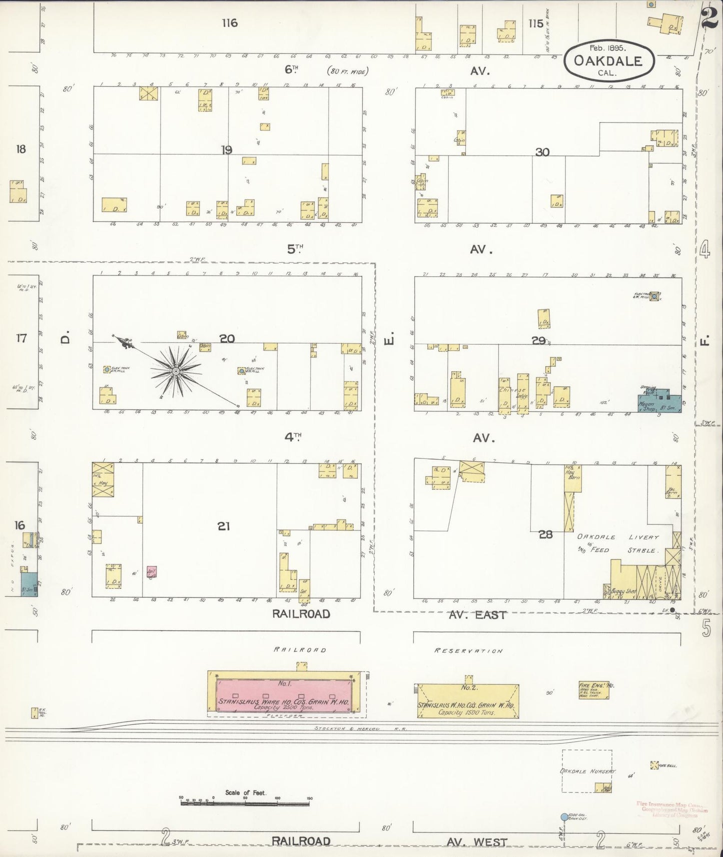 Sanborn Fire Insurance Map from Oakdale, Stanislaus County, California (1895), Sheet #0002 - Complete Map Set gallery image, historic Sanborn map, vintage wall art, California California