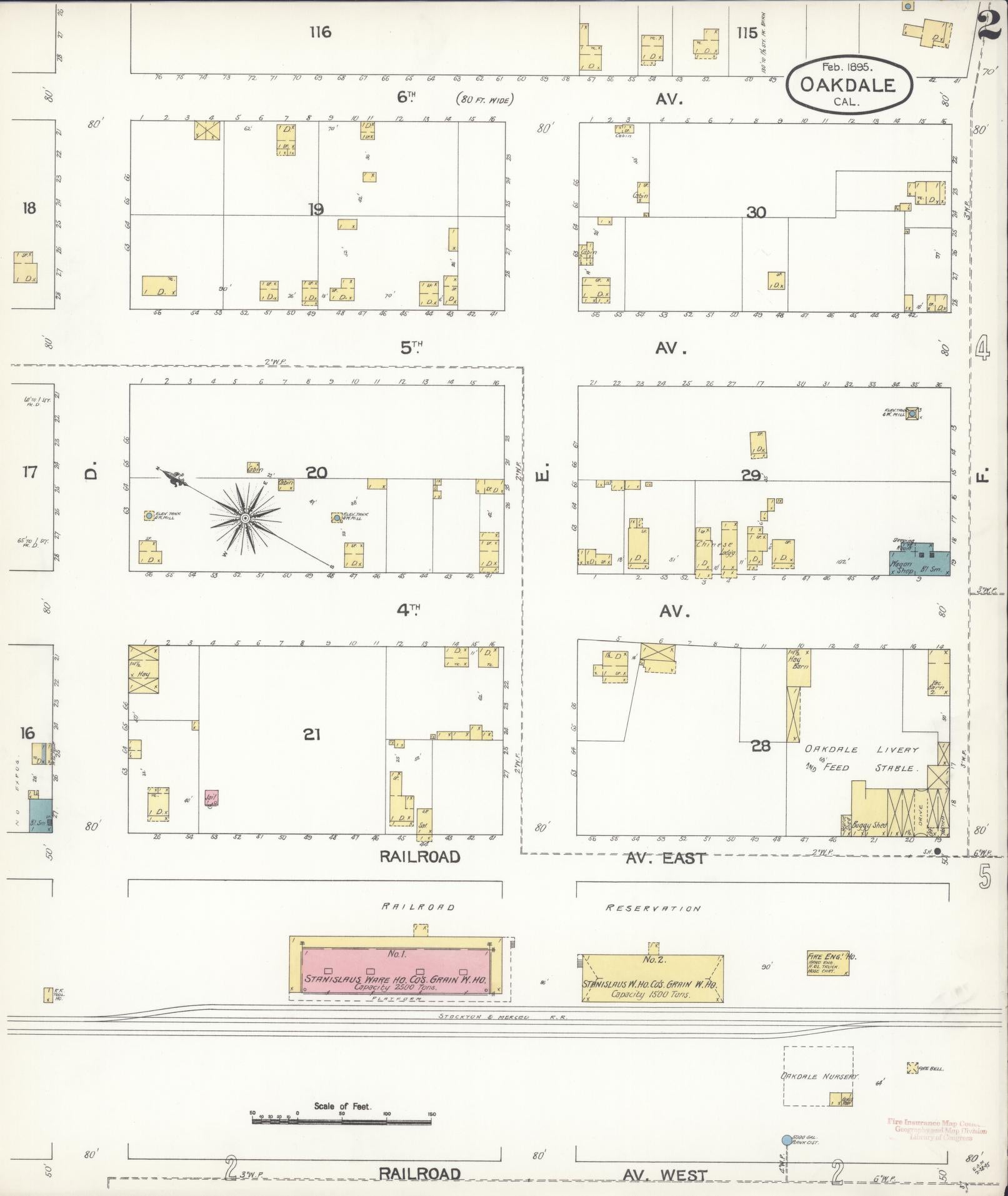 Sanborn Fire Insurance Map from Oakdale, Stanislaus County, California (1895), Sheet #0002 - Complete Map Set gallery image, historic Sanborn map, vintage wall art, California California