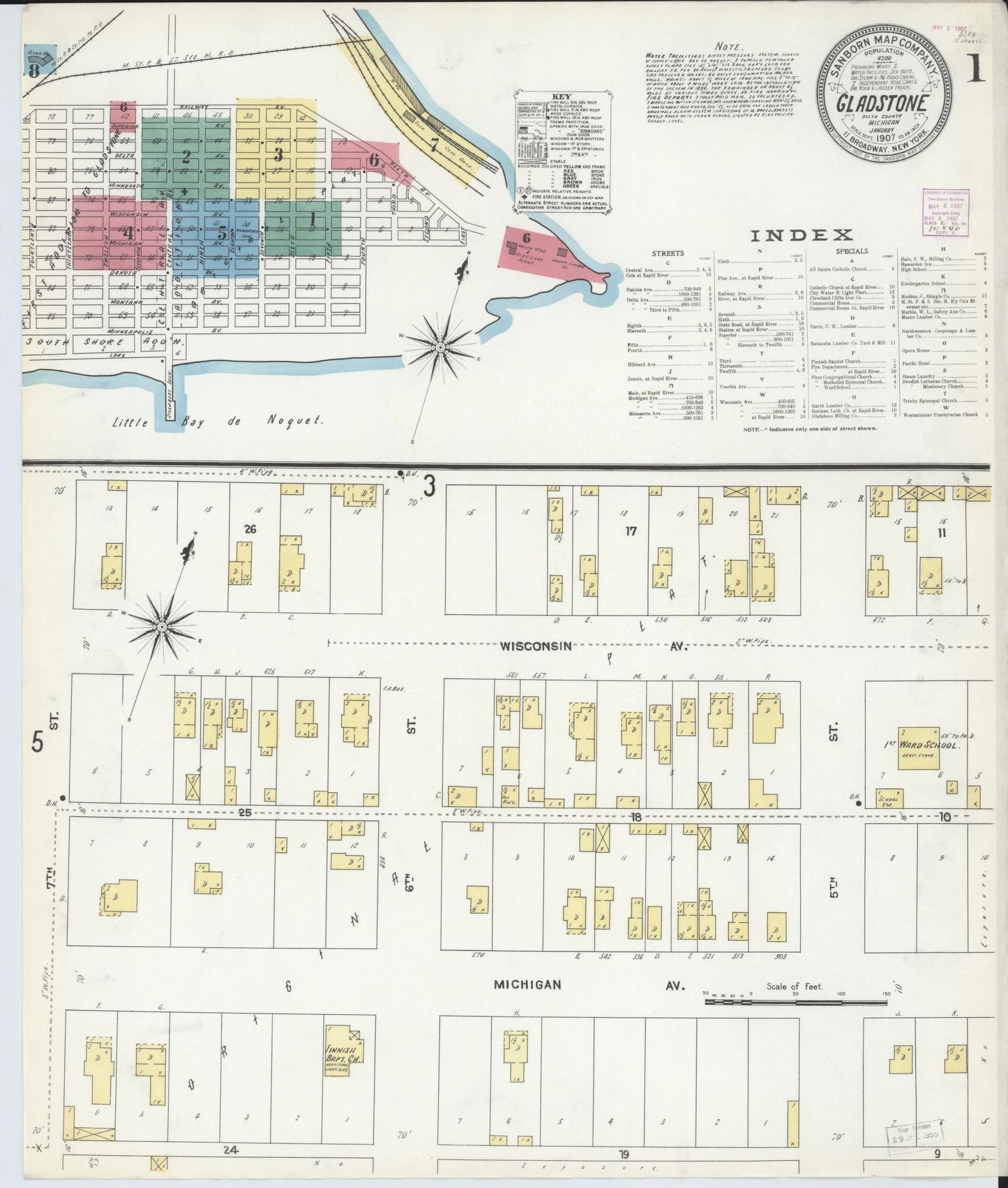 Sanborn Fire Insurance Map from Gladstone, Delta County, Michigan (1907), Sheet #0001 - Complete Map Set gallery image, historic Sanborn map, vintage wall art, Michigan Michigan