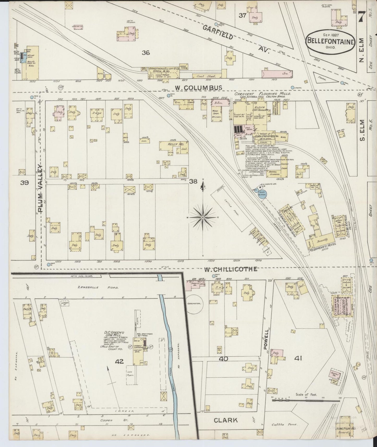 Sanborn Fire Insurance Map from Bellefontaine, Logan County, Ohio (1887), Sheet #0007 - Historic Sanborn Fire Insurance Map Print, vintage old map wall art, antique decor, genealogy gift, Ohio Ohio map