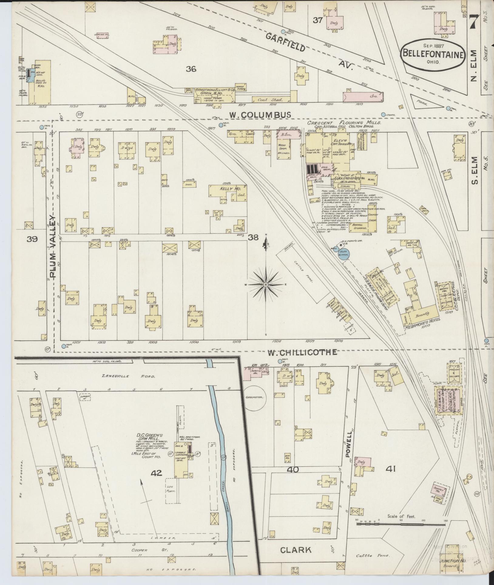 Sanborn Fire Insurance Map from Bellefontaine, Logan County, Ohio (1887), Sheet #0007 - Historic Sanborn Fire Insurance Map Print, vintage old map wall art, antique decor, genealogy gift, Ohio Ohio map