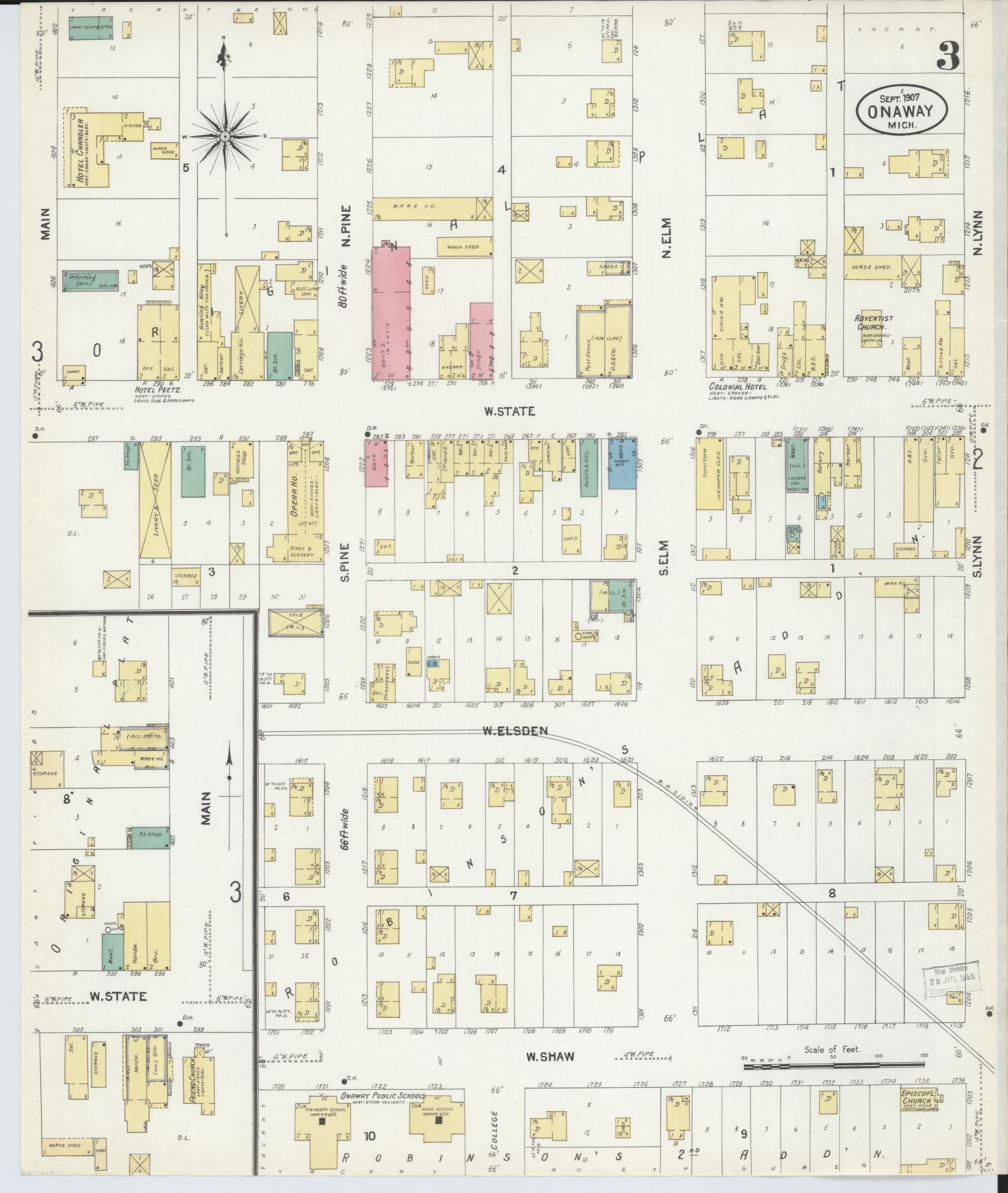 Sanborn Fire Insurance Map from Onaway, Presque Isle County, Michigan (1907), Sheet #0003 - Complete Map Set gallery image, historic Sanborn map, vintage wall art, Michigan Michigan