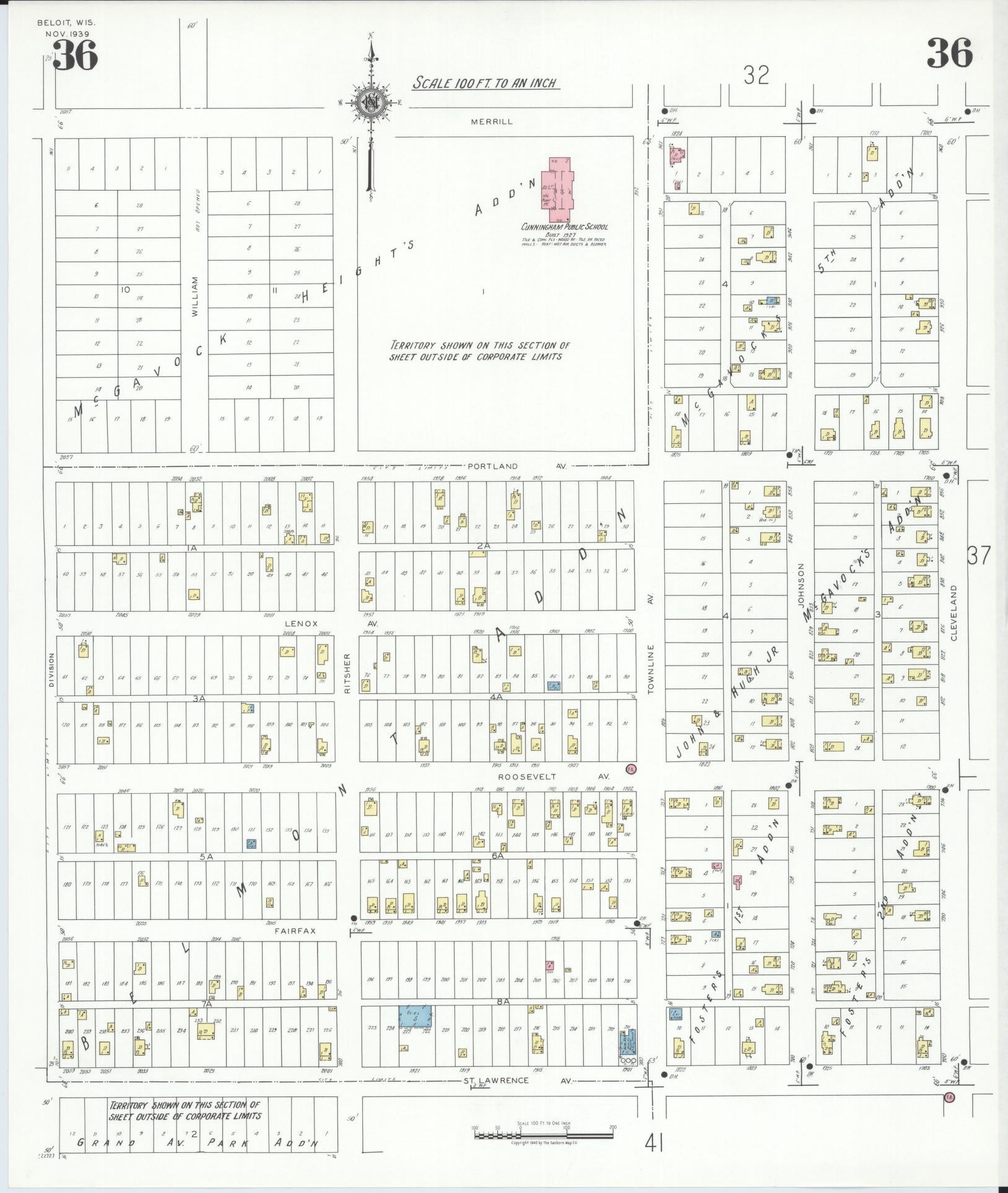 Sanborn Fire Insurance Map from Beloit, Rock County, Wisconsin (1939), Sheet #0036 - Complete Map Set gallery image, historic Sanborn map, vintage wall art, Wisconsin Wisconsin