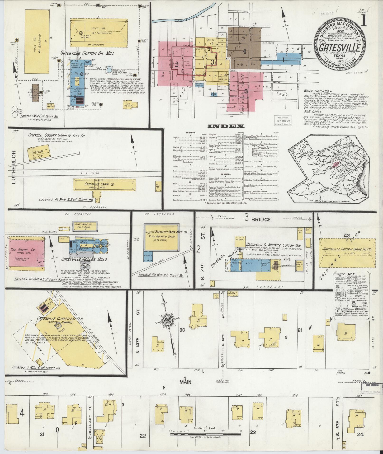 Sanborn Fire Insurance Map from Gatesville, Coryell County, Texas. (1920) – Historic Sanborn Fire Insurance Map Print