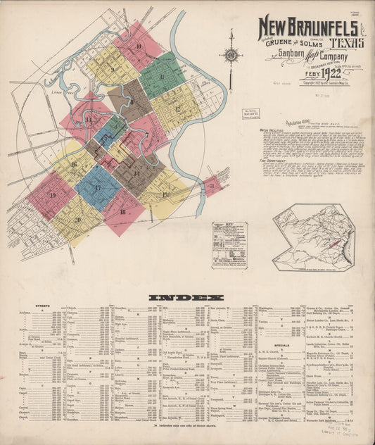 Sanborn Fire Insurance Map from New Braunfels, Comal County, Texas (1922), Sheet #0001 - Historic Sanborn Fire Insurance Map Print, vintage old map wall art, antique decor, genealogy gift, Texas Texas map