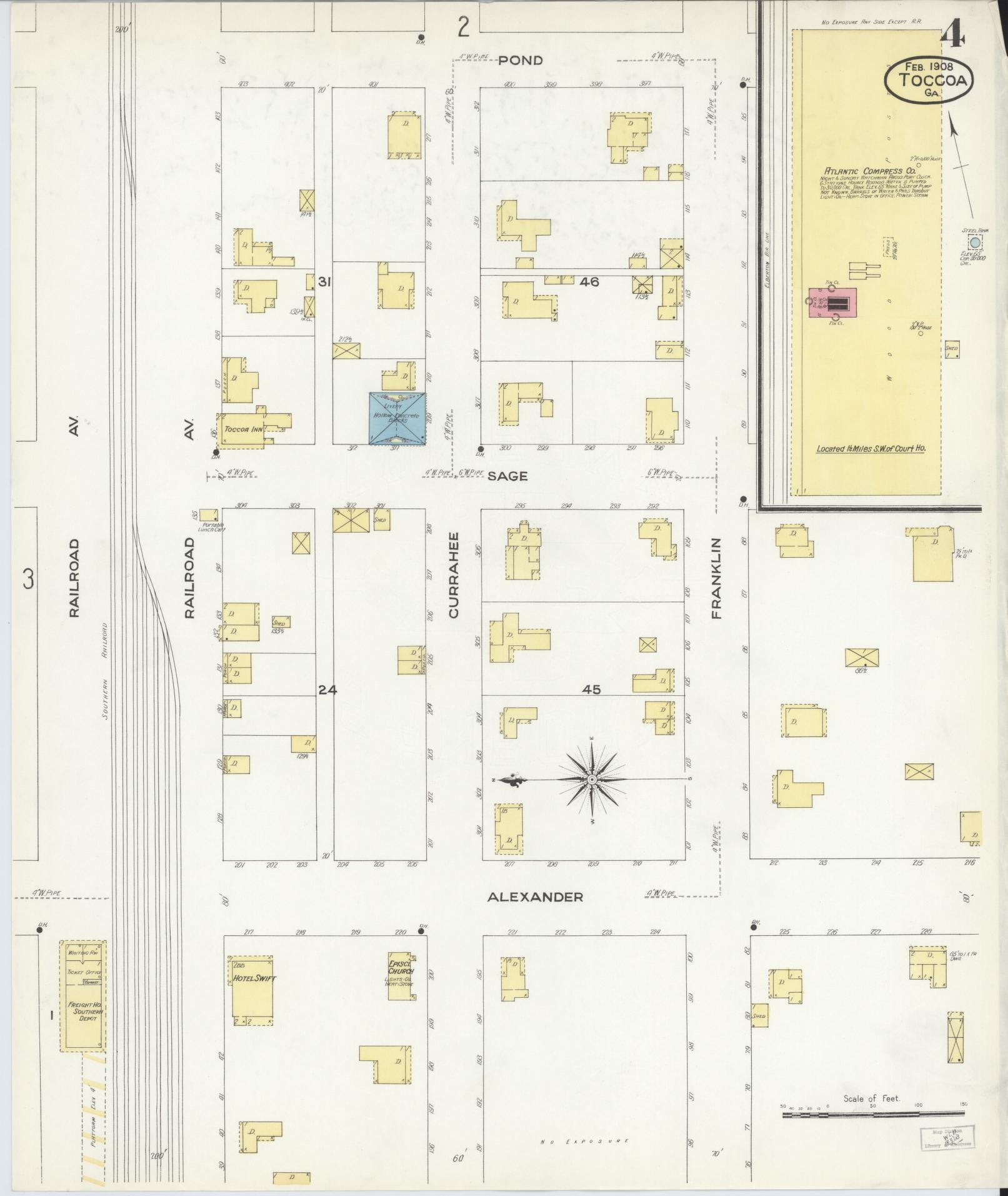 Sanborn Fire Insurance Map from Toccoa, Stephens County, Georgia (1908), Sheet #0004 - Historic Sanborn Fire Insurance Map Print, vintage old map wall art, antique decor, genealogy gift, Georgia Georgia map