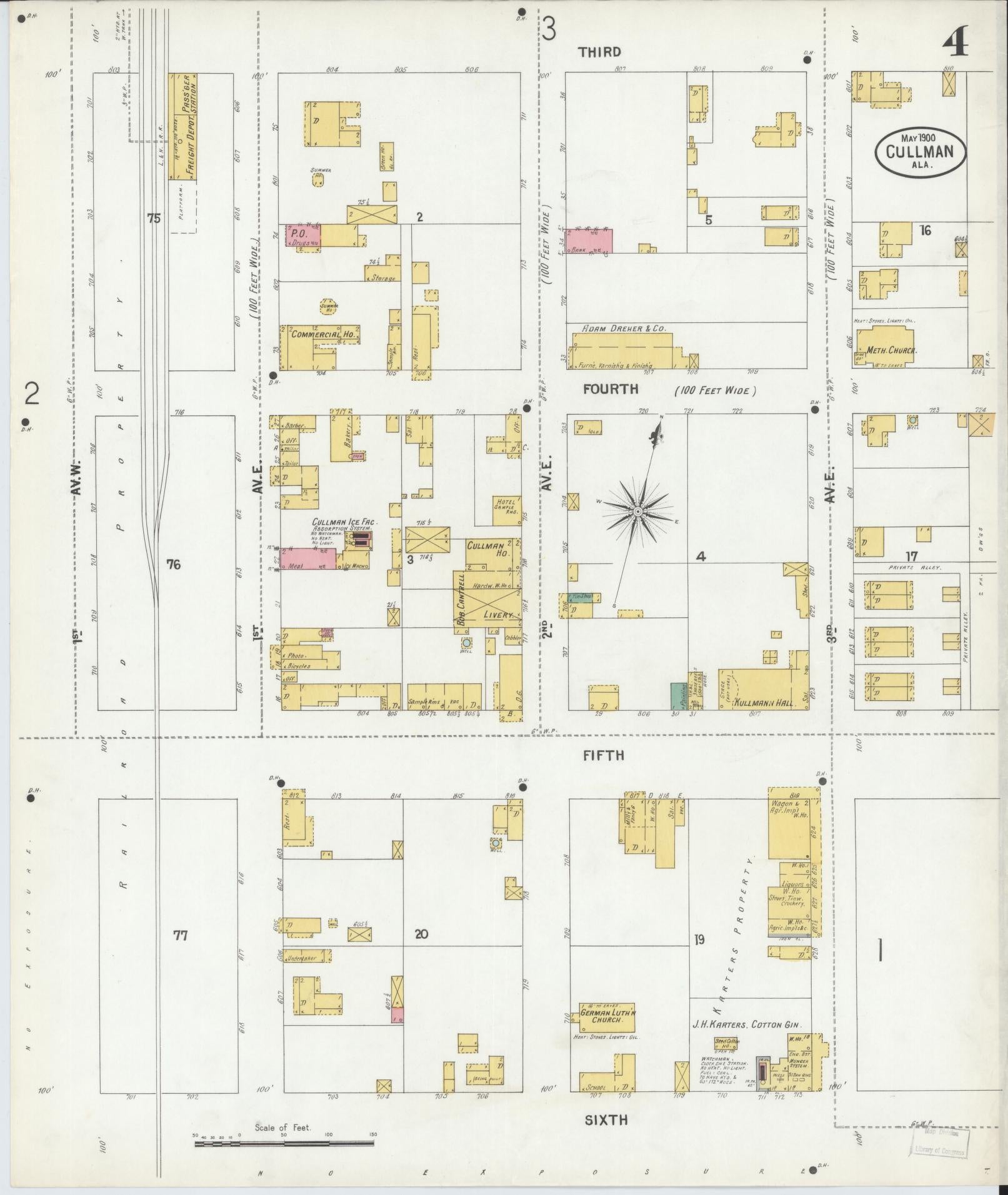 Sanborn Fire Insurance Map from Cullman, Cullman County, Alabama (1900), Sheet #0004 - Historic Sanborn Fire Insurance Map Print, vintage old map wall art, antique decor, genealogy gift, Alabama Alabama map