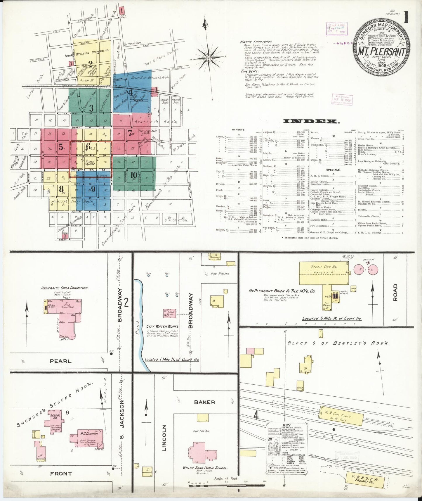 Sanborn Fire Insurance Map from Mount Pleasant, Henry County, Iowa (1909), Sheet #0001 - Historic Sanborn Fire Insurance Map Print
