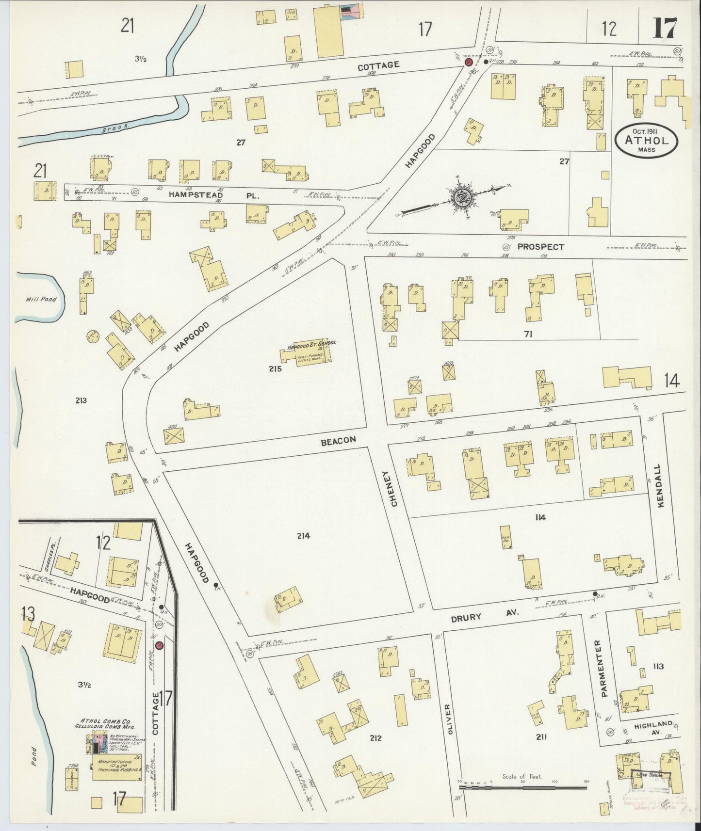 Sanborn Fire Insurance Map from Athol, Worcester County, Massachusetts (1911), Sheet #0017 - Complete Map Set gallery image, historic Sanborn map, vintage wall art, Massachusetts Massachusetts