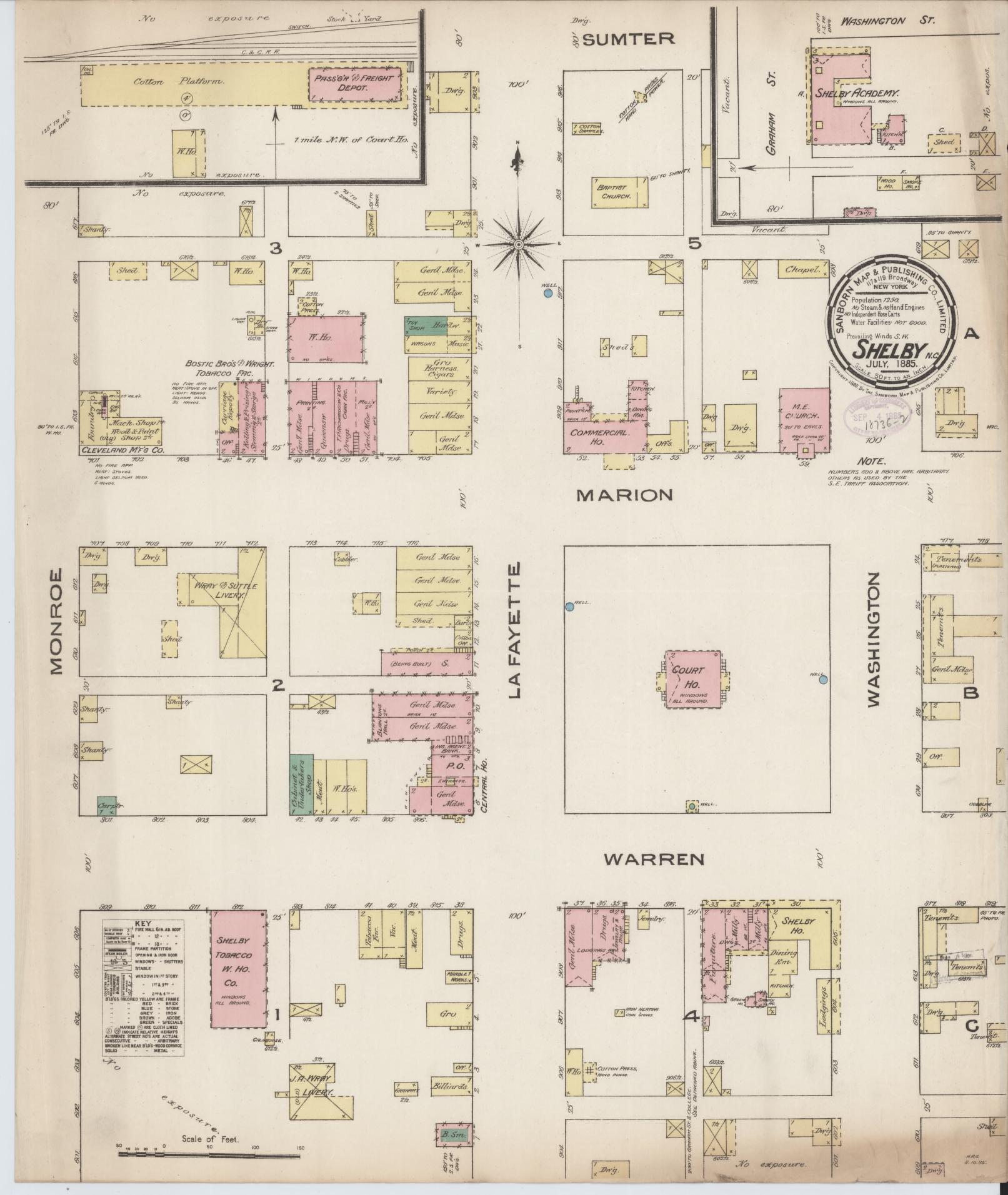 Sanborn Fire Insurance Map from Shelby, Cleveland County, North Carolina (1885), Sheet #0001 - Historic Sanborn Fire Insurance Map Print, vintage old map wall art, antique decor, genealogy gift, North Carolina North Carolina map