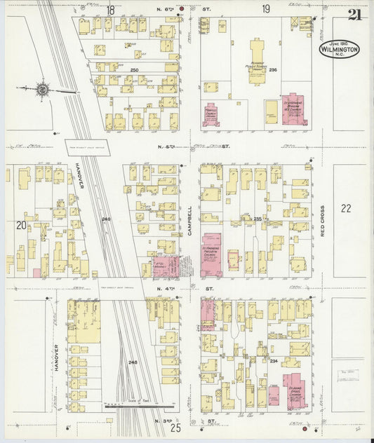 Sanborn Fire Insurance Map from Wilmington, New Hanover County, North Carolina (1910), Sheet #0021 - Historic Sanborn Fire Insurance Map Print, vintage old map wall art, antique decor, genealogy gift, North Carolina North Carolina map