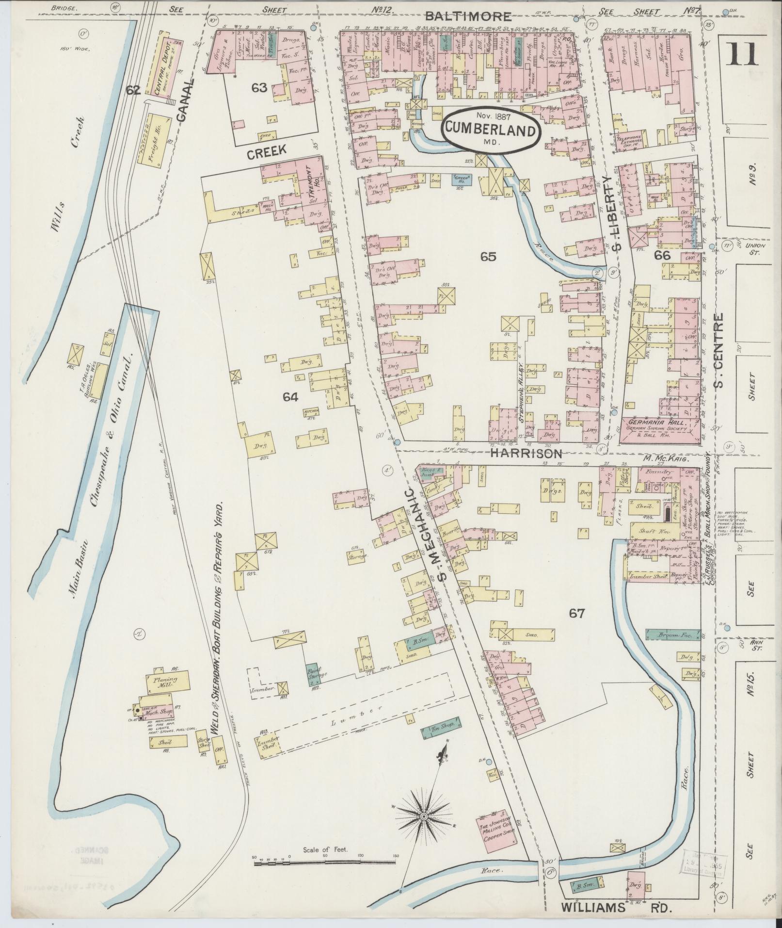 Sanborn Fire Insurance Map from Cumberland, Allegany County, Maryland (1887), Sheet #0011 - Historic Sanborn Fire Insurance Map Print, vintage old map wall art, antique decor, genealogy gift, Maryland Maryland map