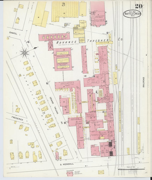 Sanborn Fire Insurance Map from Battle Creek, Calhoun County, Michigan (1907), Sheet #0020 - Historic Sanborn Fire Insurance Map Print, vintage old map wall art, antique decor, genealogy gift, Michigan Michigan map