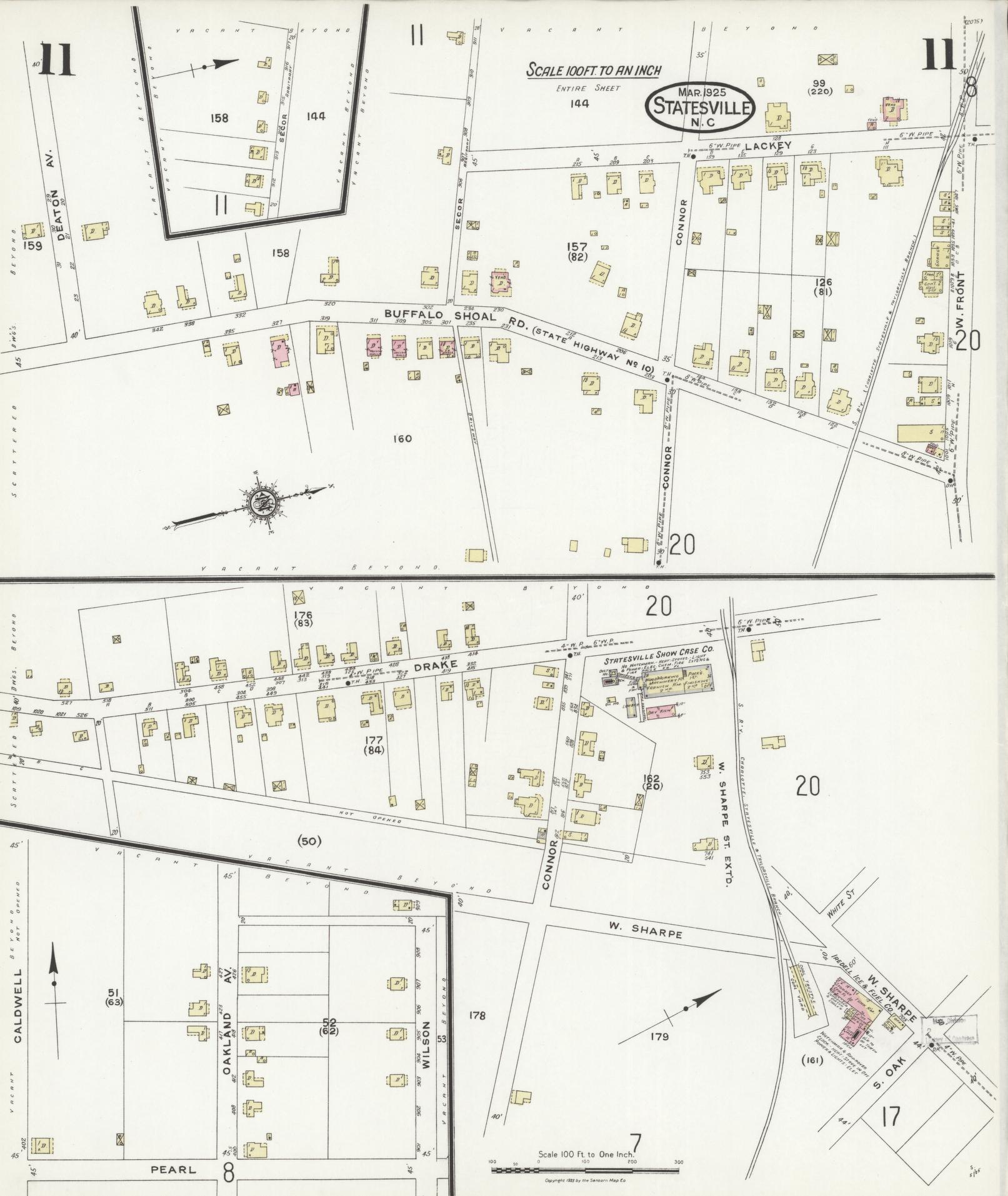 Sanborn Fire Insurance Map from Statesville, Iredell County, North Carolina (1925), Sheet #0011 - Complete Map Set gallery image, historic Sanborn map, vintage wall art, North Carolina North Carolina
