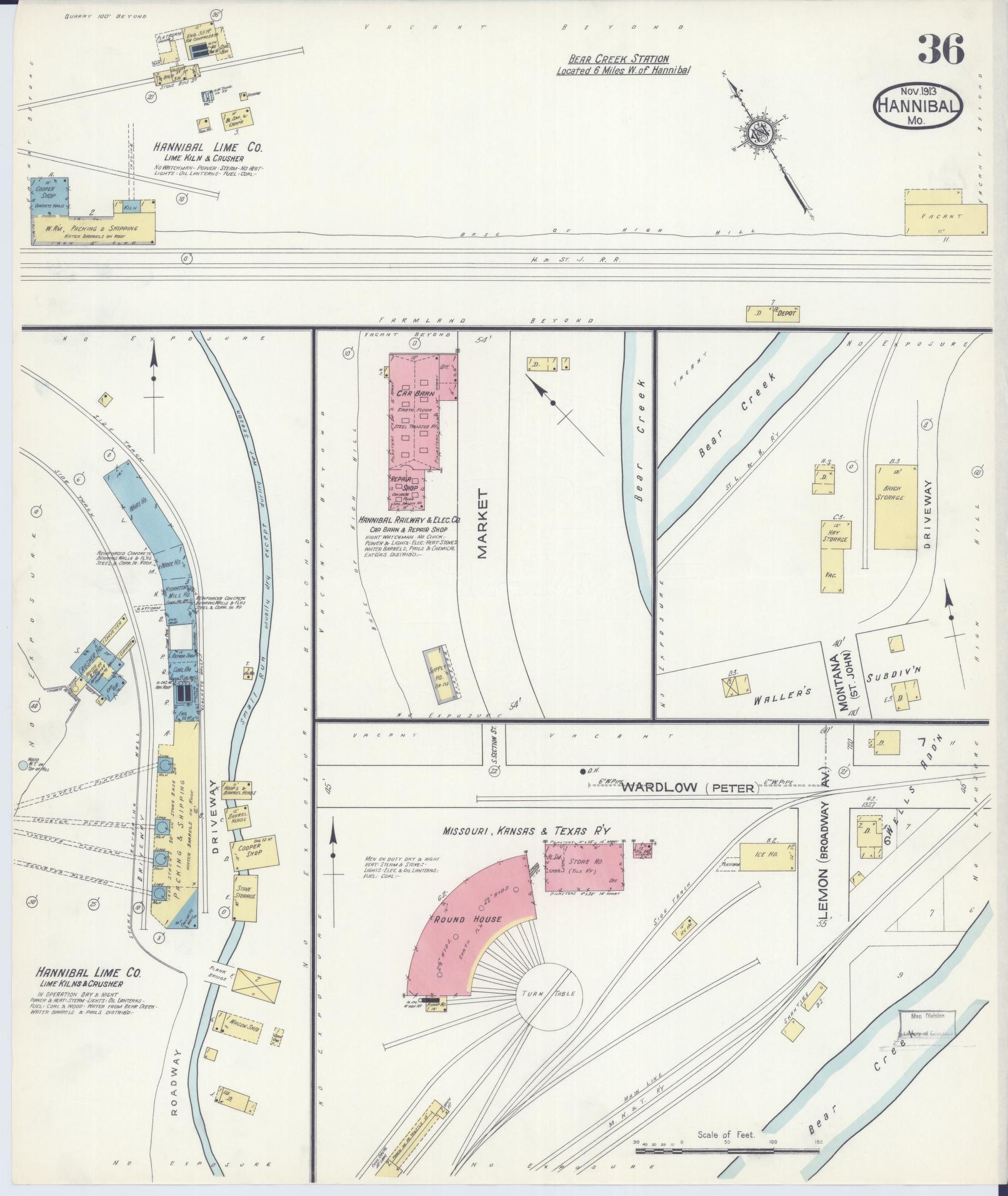 Sanborn Fire Insurance Map from Hannibal, Marion County, Missouri (1913), Sheet #0036 - Historic Sanborn Fire Insurance Map Print, vintage old map wall art, antique decor, genealogy gift, Missouri Missouri map