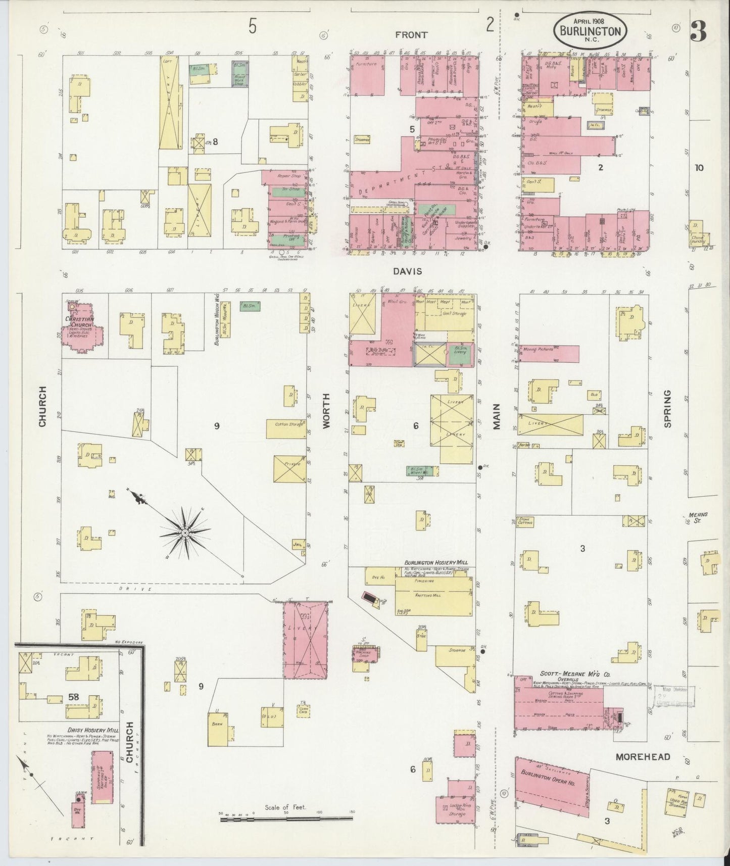 Sanborn Fire Insurance Map from Burlington, Alamance County, North Carolina (1908), Sheet #0003 - Historic Sanborn Fire Insurance Map Print, vintage old map wall art, antique decor, genealogy gift, North Carolina North Carolina map