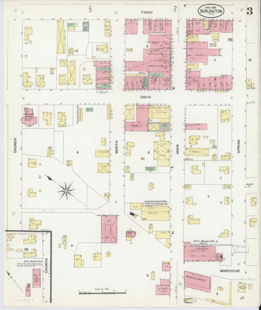 Sanborn Fire Insurance Map from Burlington, Alamance County, North Carolina (1908), Sheet #0003 - Historic Sanborn Fire Insurance Map Print, vintage old map wall art, antique decor, genealogy gift, North Carolina North Carolina map