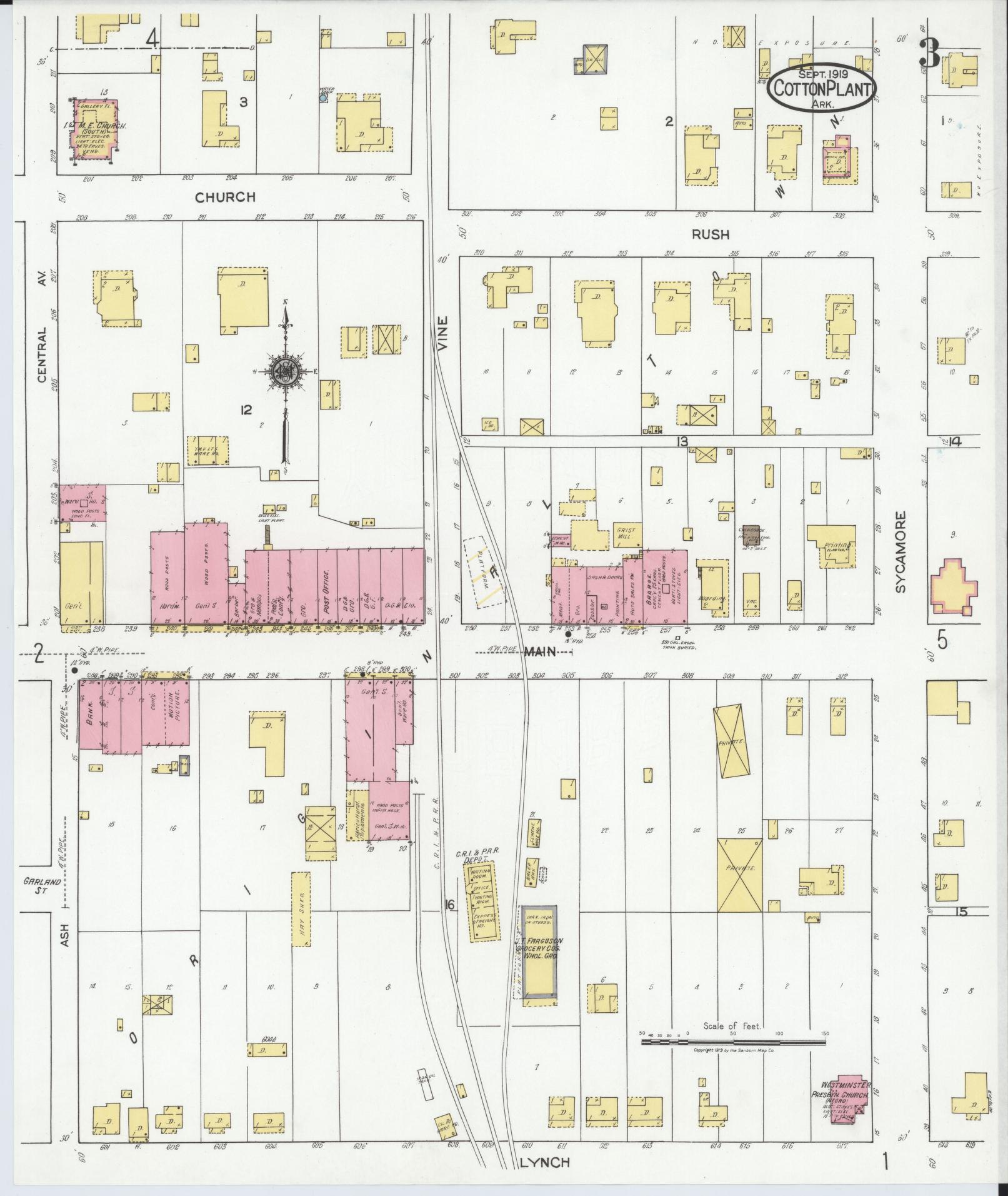 Sanborn Fire Insurance Map from Cotton Plant, Woodruff County, Arkansas (1919), Sheet #0003 - Complete Map Set gallery image, historic Sanborn map, vintage wall art, Arkansas Arkansas