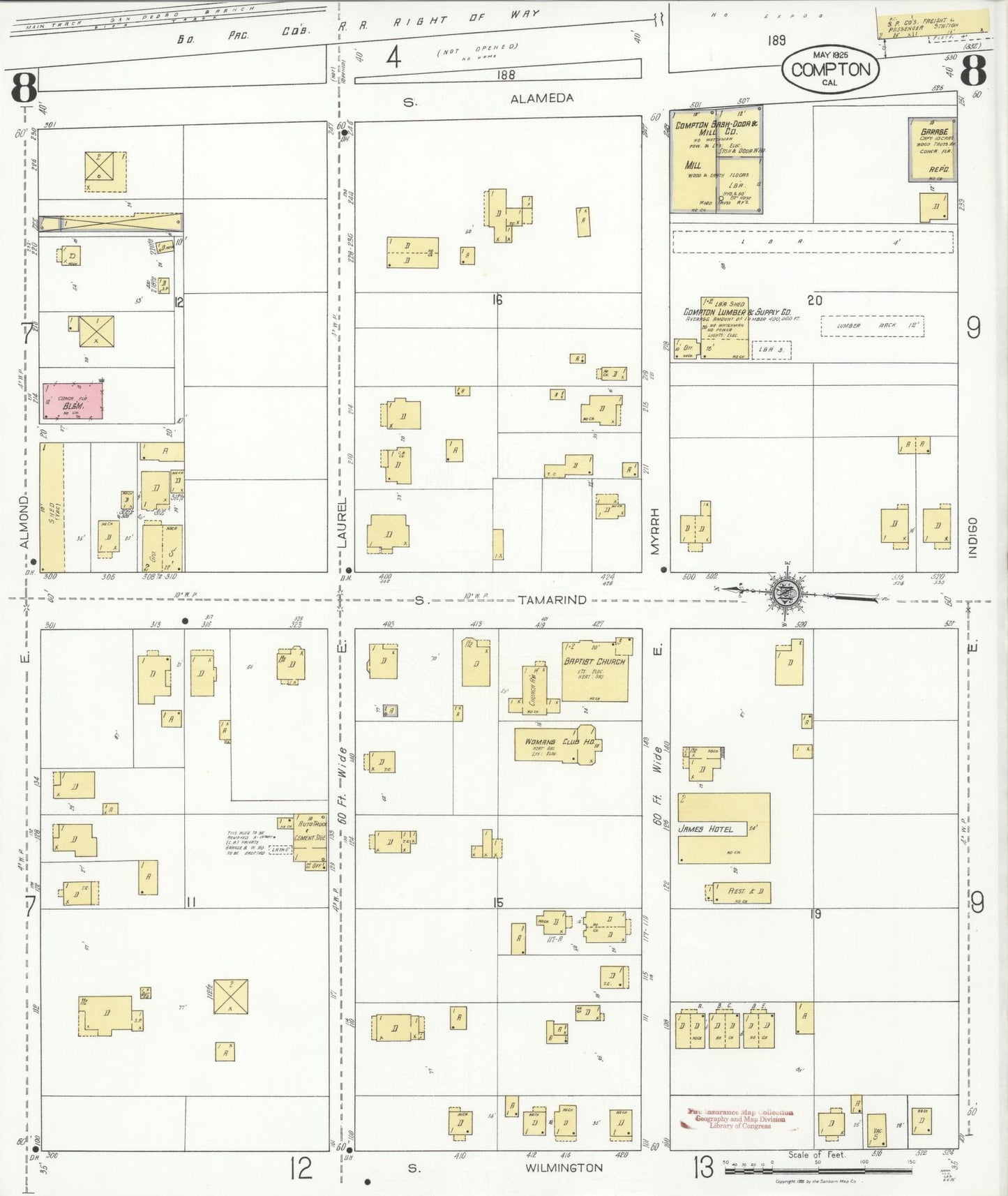 Sanborn Fire Insurance Map from Compton, Los Angeles County, California (1925), Sheet #0008 - Complete Map Set gallery image, historic Sanborn map, vintage wall art, California California