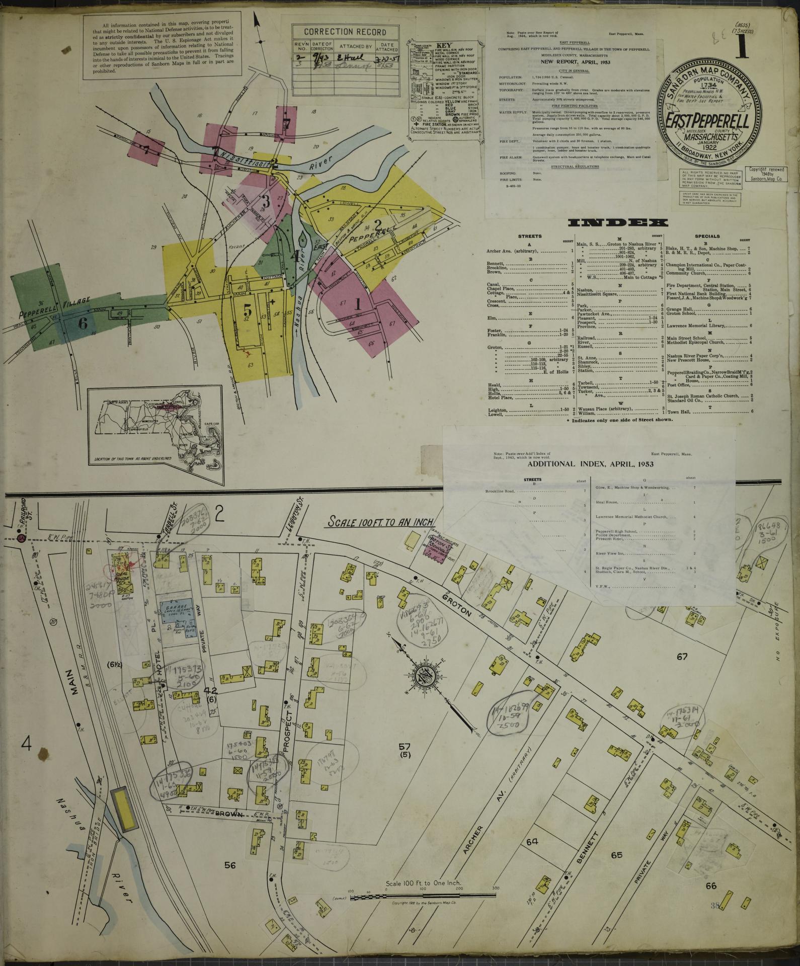 Sanborn Fire Insurance Map from East Pepperell, Middlesex County, Massachusetts (1953), Sheet #0001 - Complete Map Set gallery image, historic Sanborn map, vintage wall art, Massachusetts Massachusetts