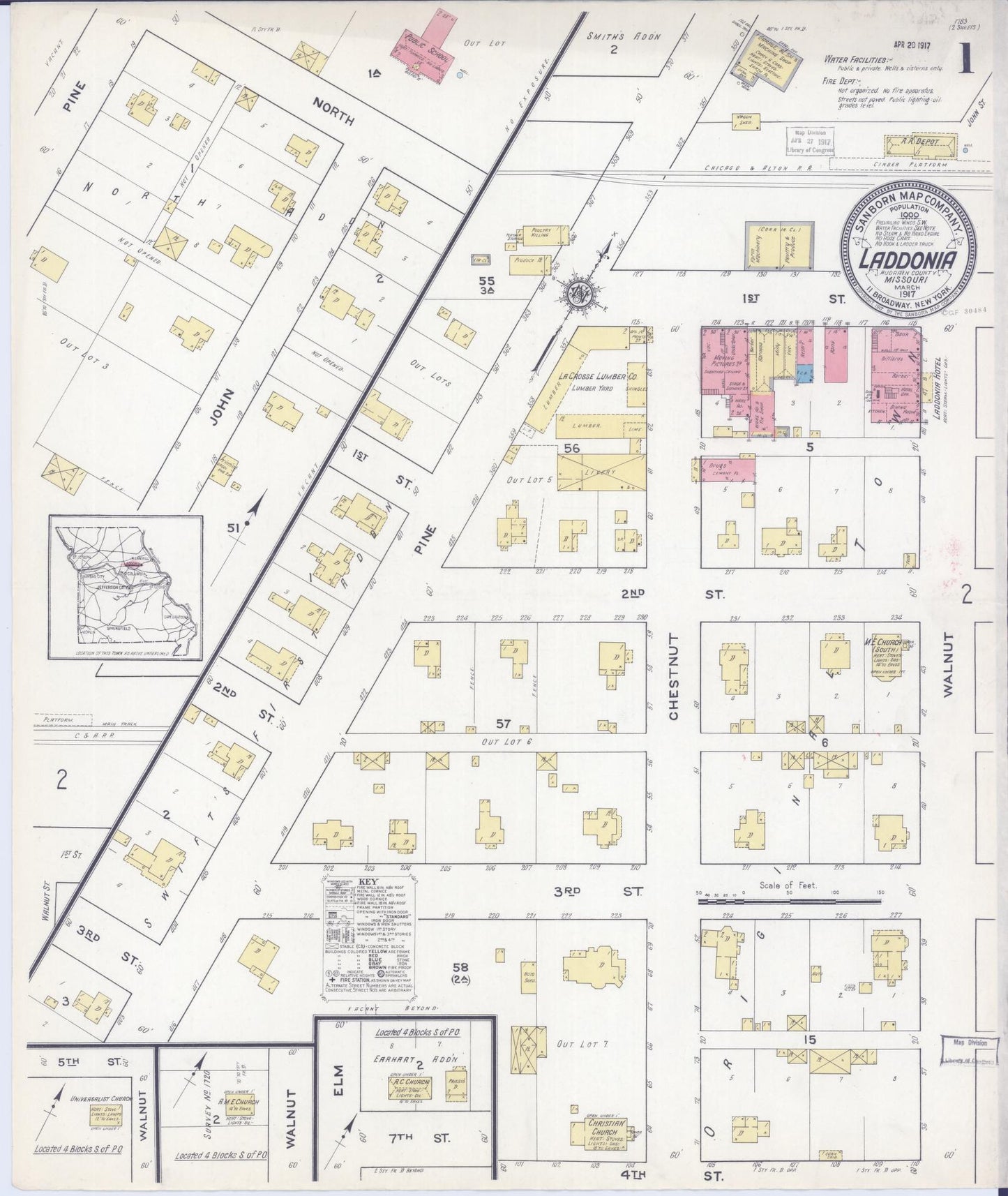 Sanborn Fire Insurance Map from Laddonia, Audrain County, Missouri (1917), Sheet #0001 - Complete Map Set gallery image, historic Sanborn map, vintage wall art, Missouri Missouri