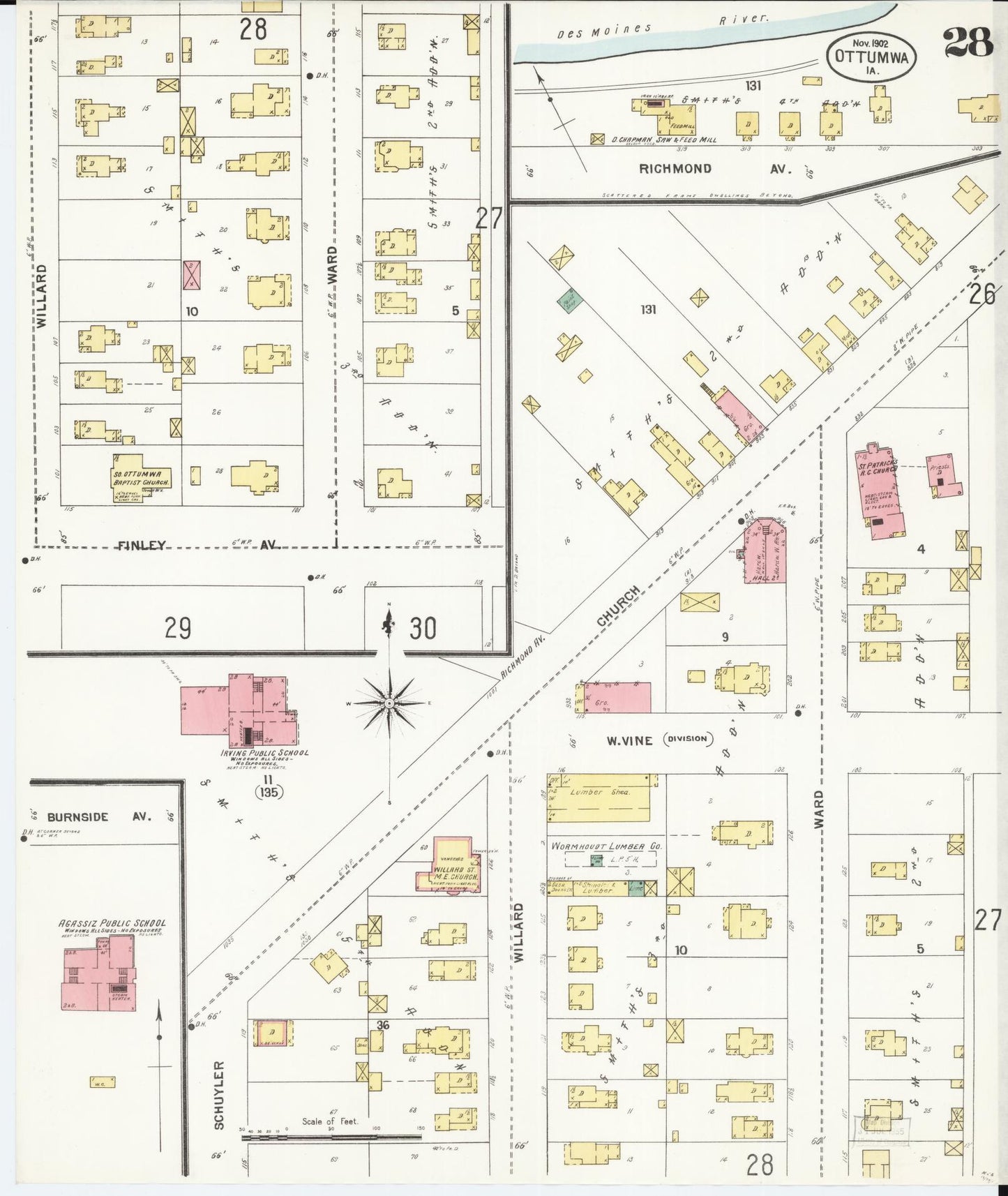 Sanborn Fire Insurance Map from Ottumwa, Wapello County, Iowa (1902), Sheet #0028 - Historic Sanborn Fire Insurance Map Print, vintage old map wall art