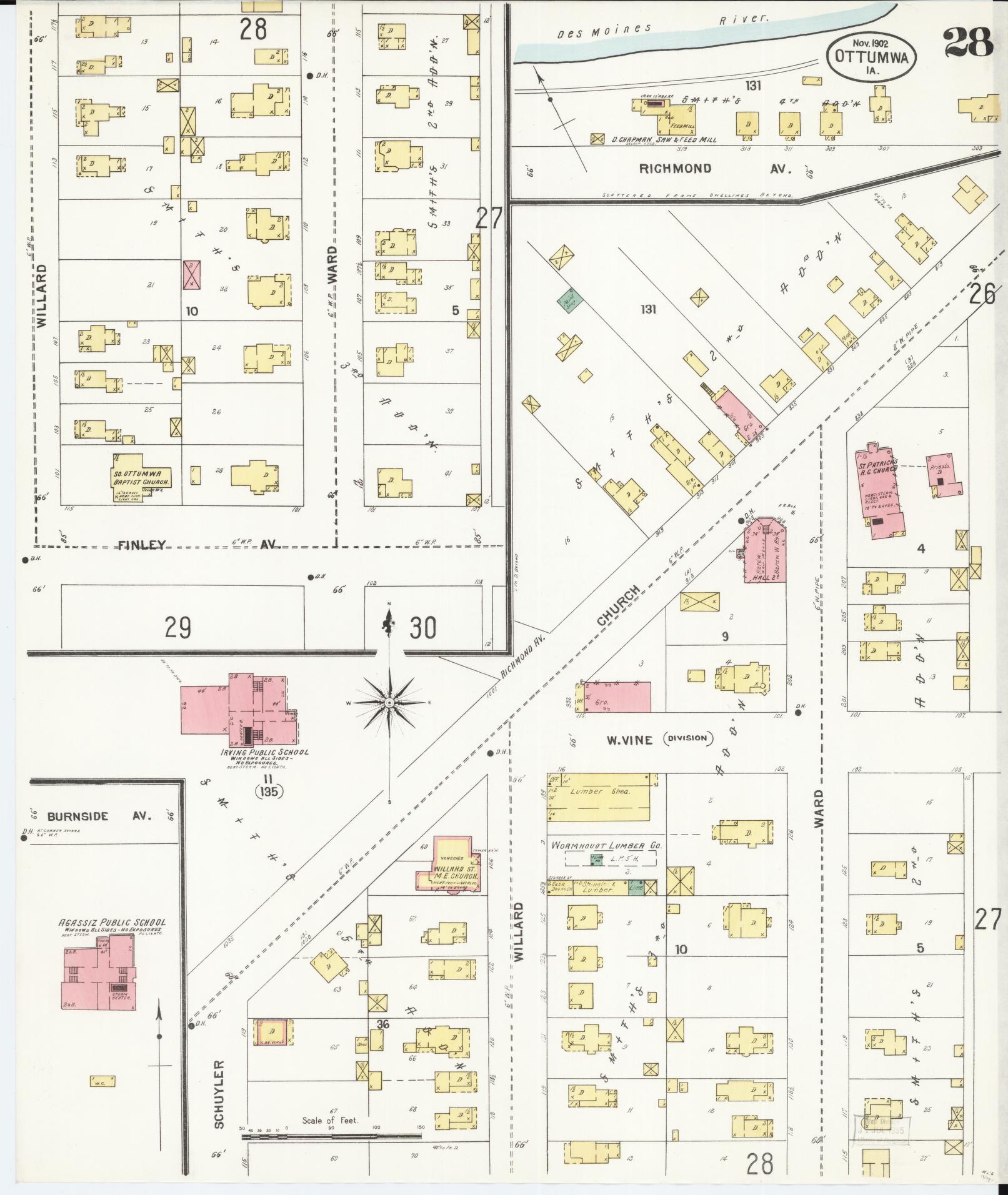 Sanborn Fire Insurance Map from Ottumwa, Wapello County, Iowa (1902), Sheet #0028 - Historic Sanborn Fire Insurance Map Print, vintage old map wall art