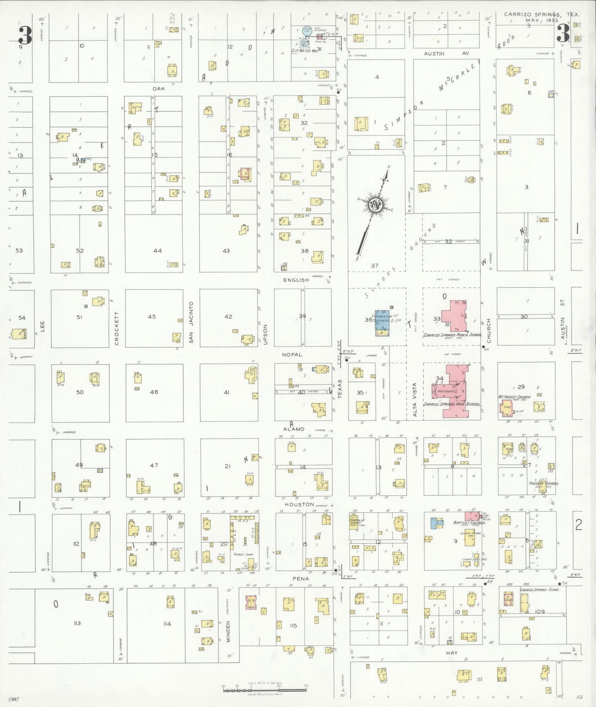Sanborn Fire Insurance Map from Carrizo Springs, Dimmit County, Texas (1933), Sheet #0003 - Complete Map Set gallery image, historic Sanborn map, vintage wall art, Texas Texas