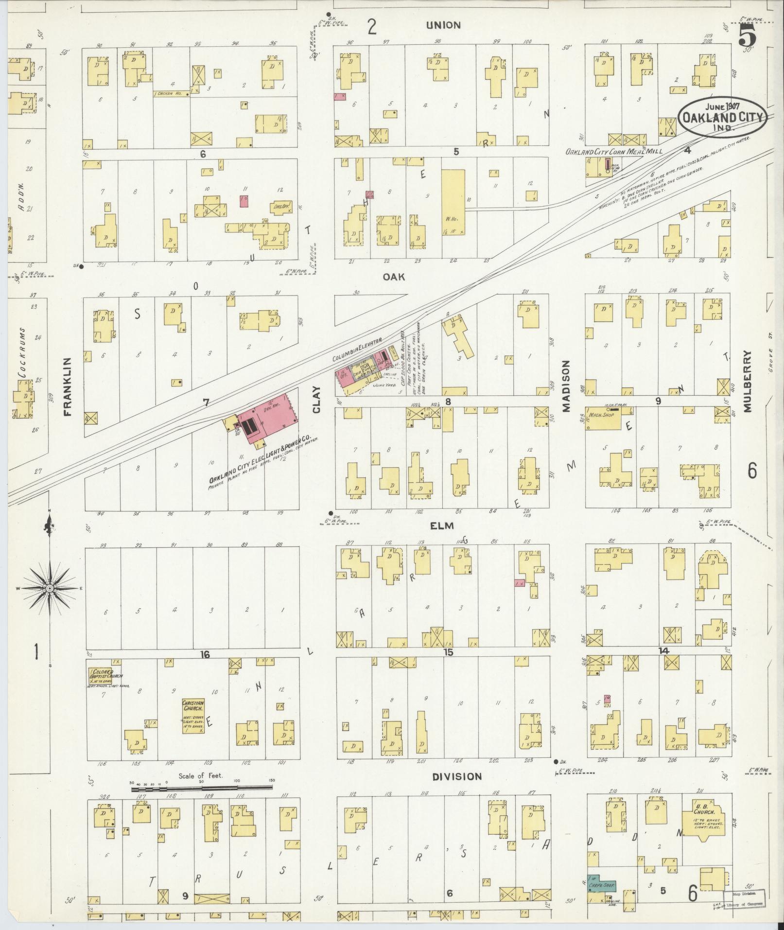 Sanborn Fire Insurance Map from Oakland City, Gibson County, Indiana (1907), Sheet #0005 - Complete Map Set gallery image, historic Sanborn map, vintage wall art, Indiana Indiana