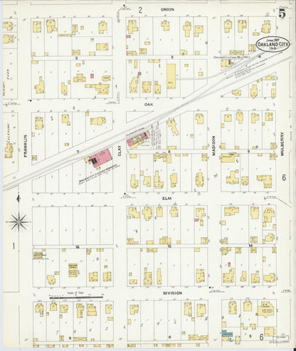 Sanborn Fire Insurance Map from Oakland City, Gibson County, Indiana (1907), Sheet #0005 - Complete Map Set gallery image, historic Sanborn map, vintage wall art, Indiana Indiana