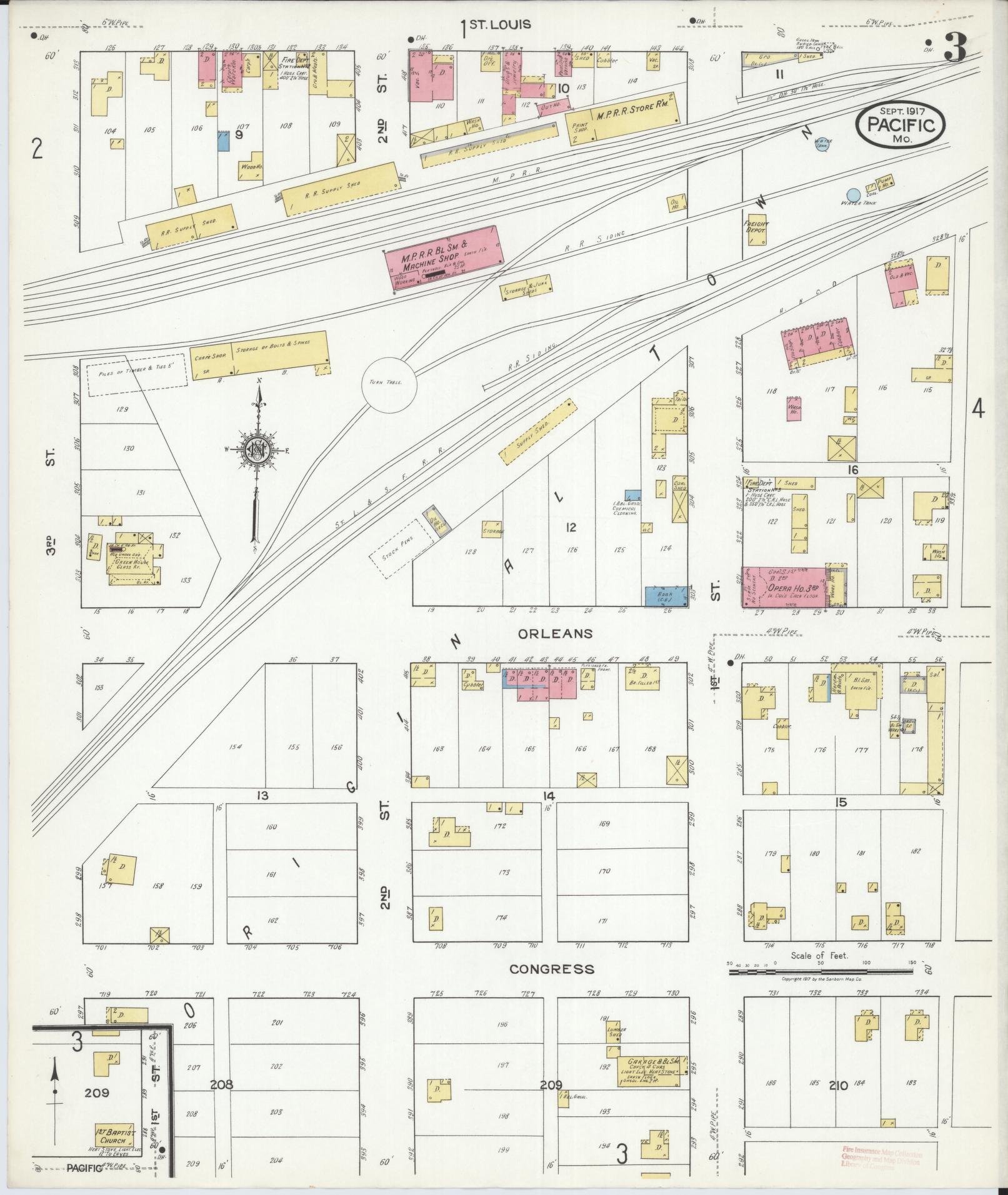 Sanborn Fire Insurance Map from Pacific, Franklin County, Missouri (1917), Sheet #0003 - Historic Sanborn Fire Insurance Map Print, vintage old map wall art, antique decor, genealogy gift, Missouri Missouri map