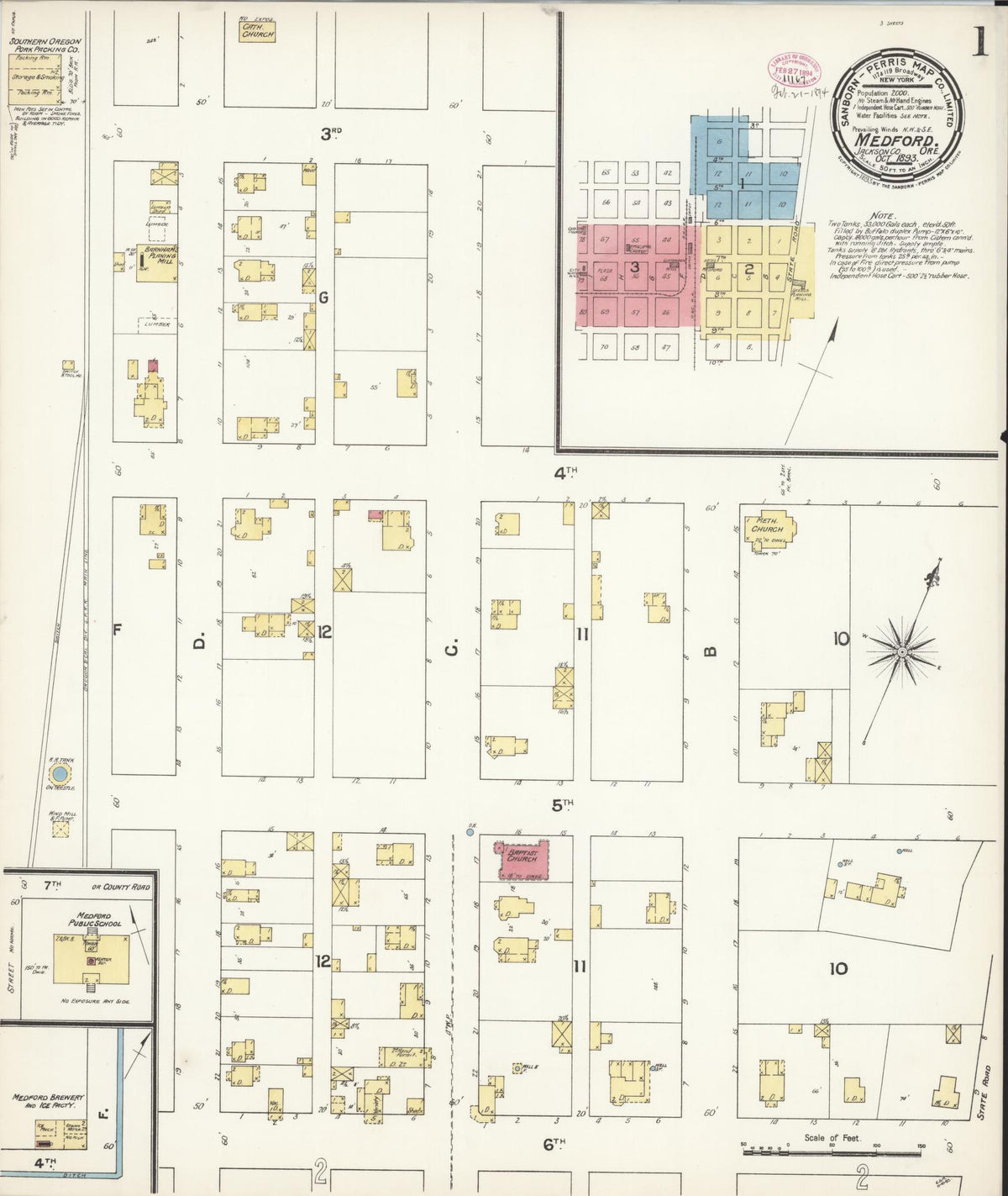 Sanborn Fire Insurance Map from Medford, Jackson County, Oregon (1893), Sheet #0001 - Historic Sanborn Fire Insurance Map Print, vintage old map wall art, antique decor, genealogy gift, Oregon Oregon map