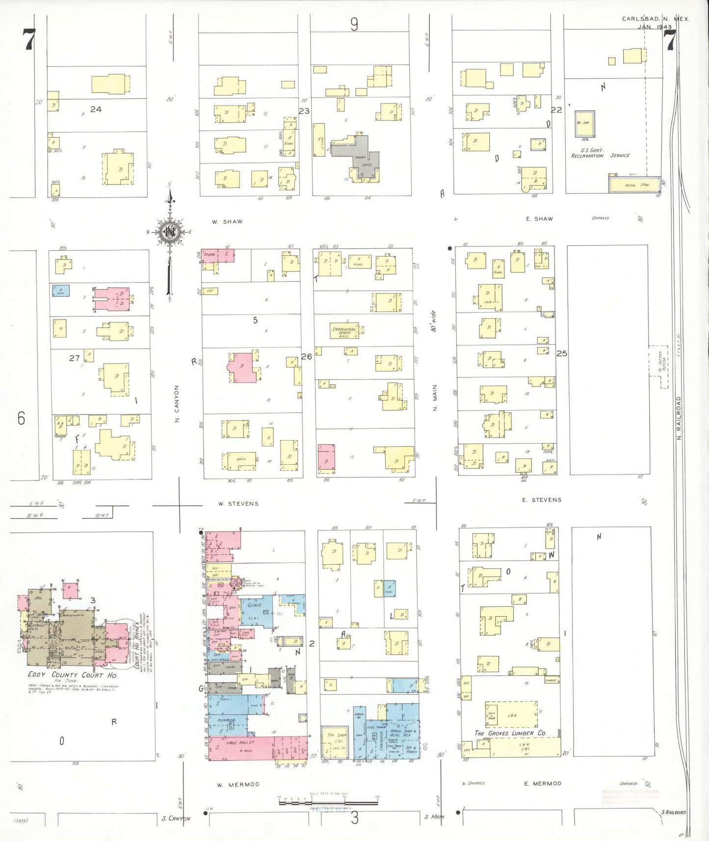 Sanborn Fire Insurance Map from Carlsbad, Eddy County, New Mexico (1943), Sheet #0007 - Complete Map Set gallery image, historic Sanborn map, vintage wall art, New Mexico New Mexico