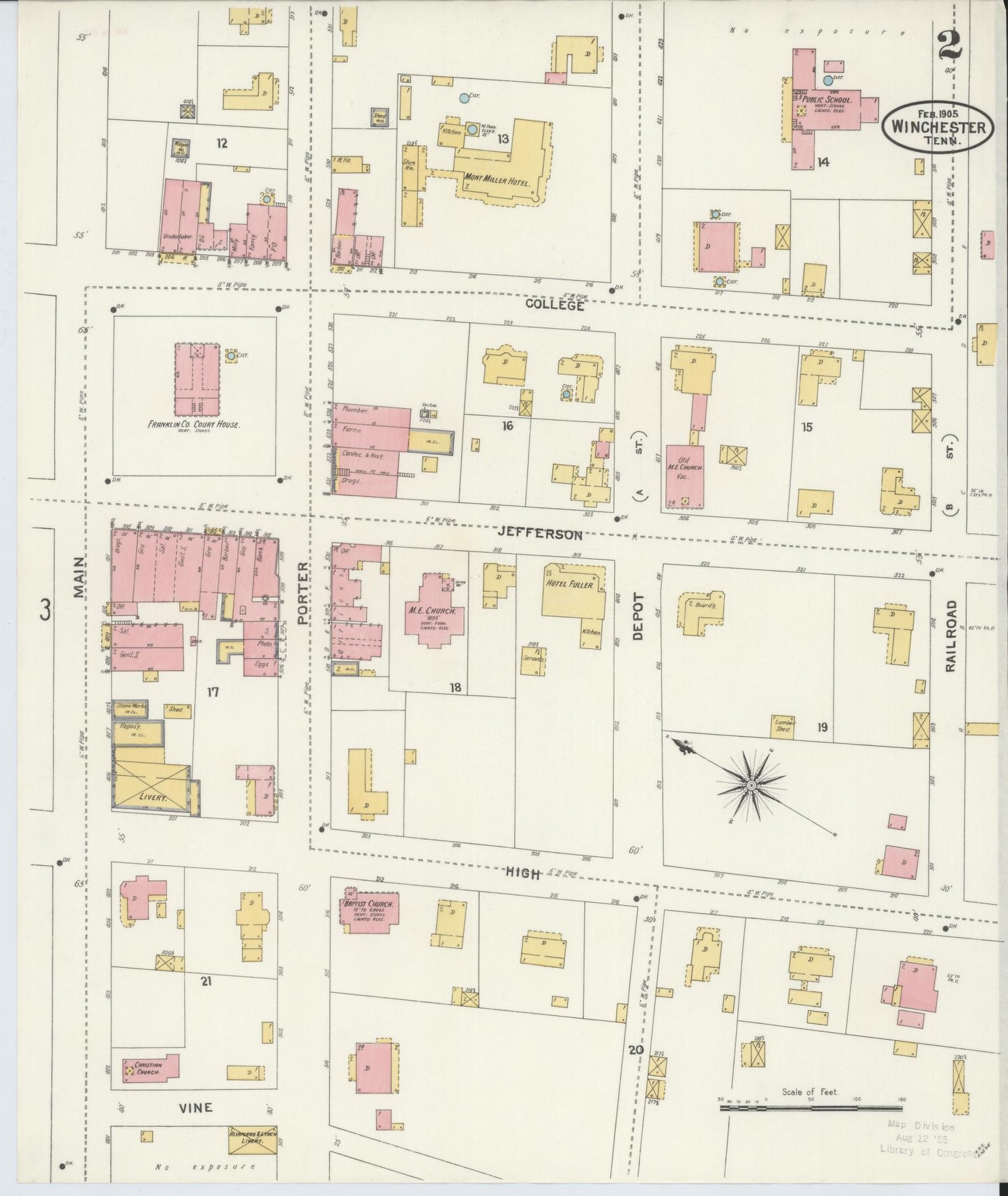 Sanborn Fire Insurance Map from Winchester, Franklin  County, Tennessee (1905), Sheet #0002 - Complete Map Set gallery image, historic Sanborn map, vintage wall art, Tennessee Tennessee