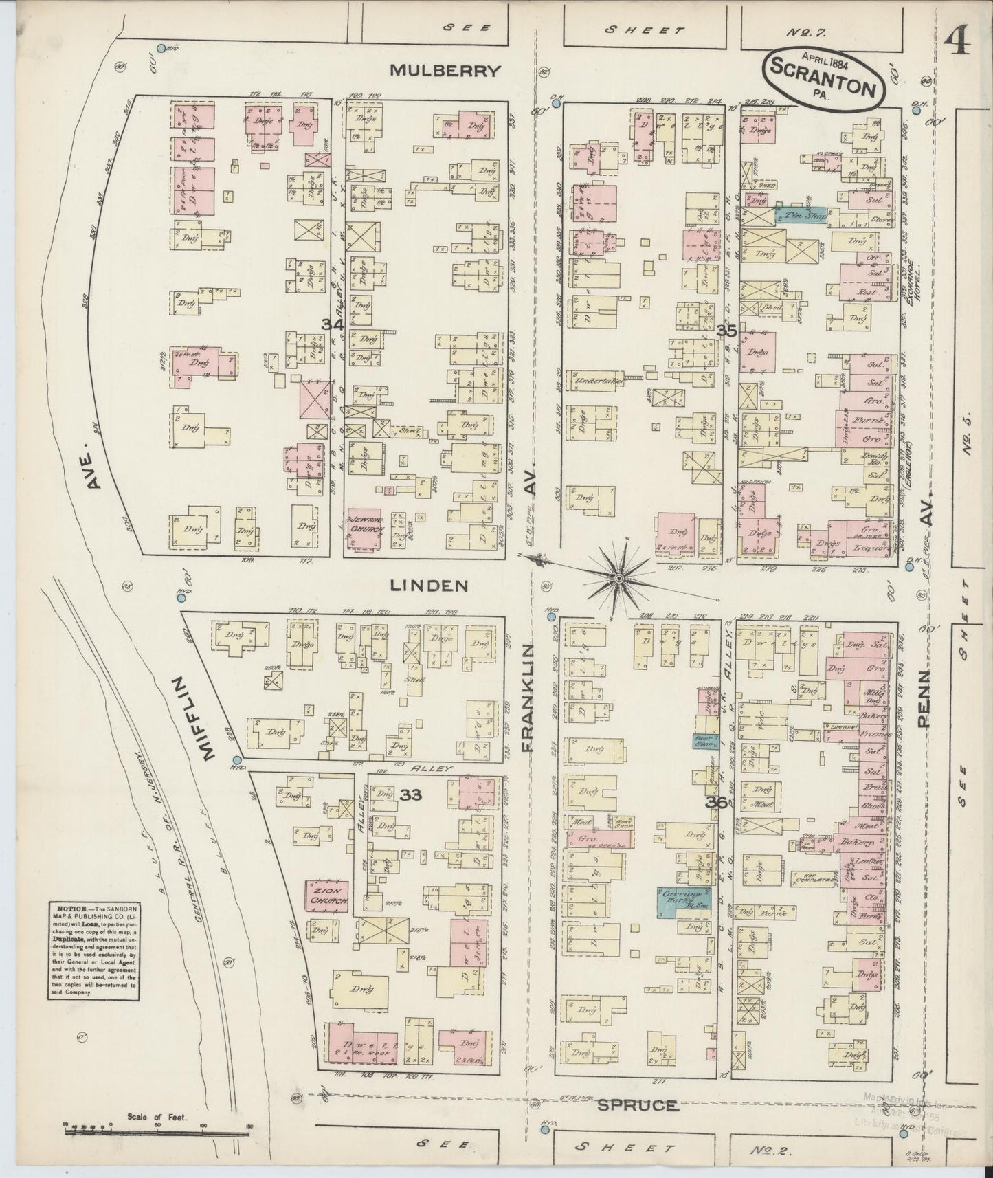 Sanborn Fire Insurance Map from Scranton, Lackawanna County, Pennsylvania (1884), Sheet #0004 - Complete Map Set gallery image, historic Sanborn map, vintage wall art, Pennsylvania Pennsylvania