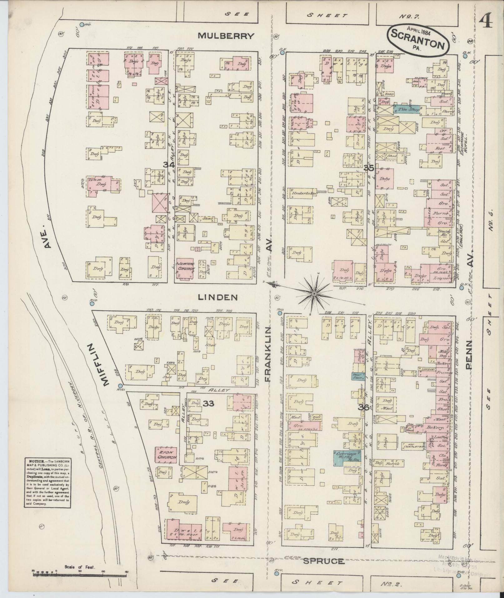 Sanborn Fire Insurance Map from Scranton, Lackawanna County, Pennsylvania (1884), Sheet #0004 - Complete Map Set gallery image, historic Sanborn map, vintage wall art, Pennsylvania Pennsylvania