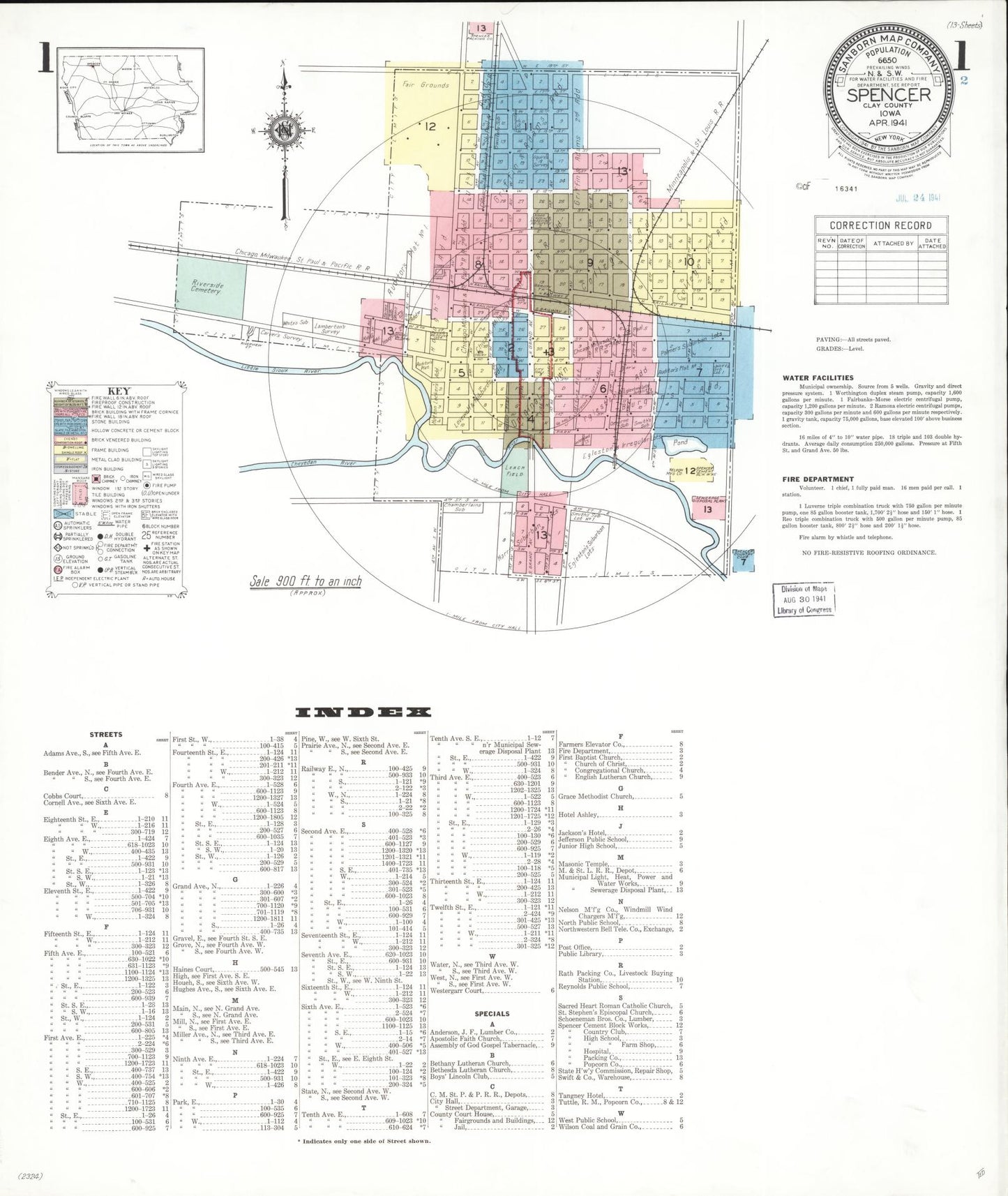 Sanborn Fire Insurance Map from Spencer, Clay County, Iowa (1941), Sheet #0001 - Historic Sanborn Fire Insurance Map Print