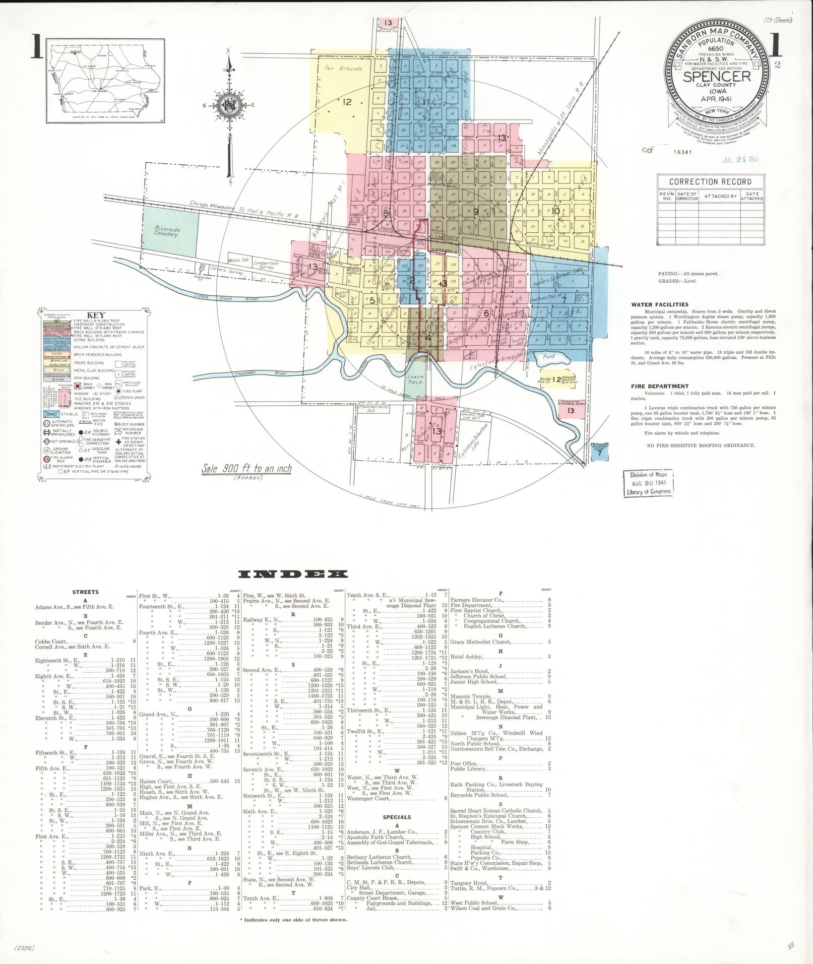 Sanborn Fire Insurance Map from Spencer, Clay County, Iowa (1941), Sheet #0001 - Historic Sanborn Fire Insurance Map Print