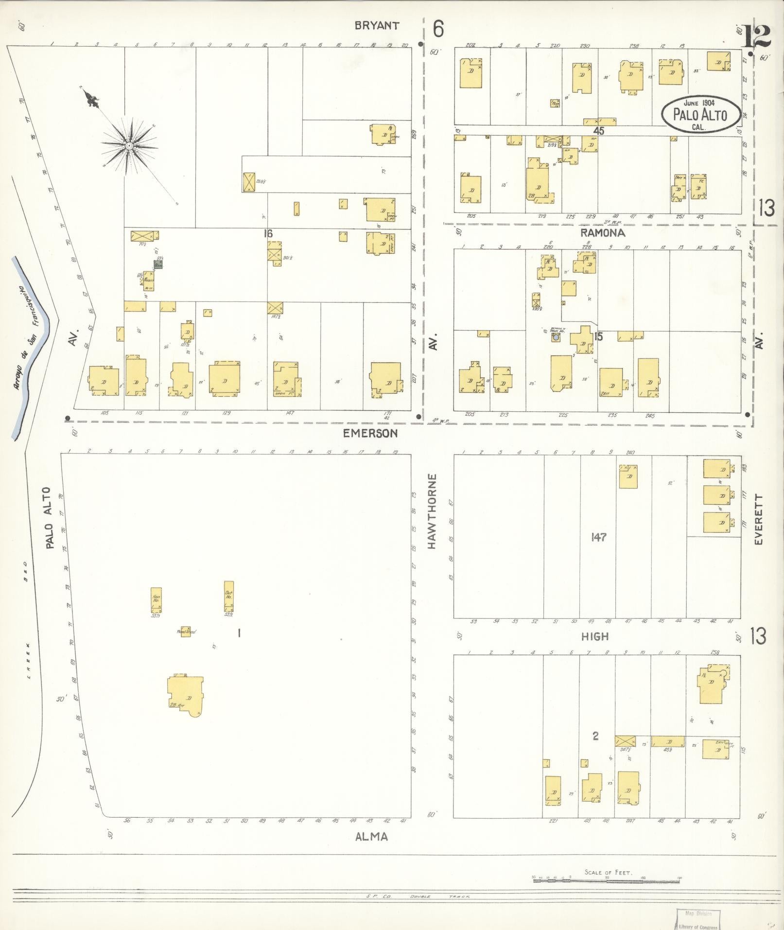 Sanborn Fire Insurance Map from Palo Alto, Santa Clara County, California (1904), Sheet #0012 - Complete Map Set gallery image, historic Sanborn map, vintage wall art, California California
